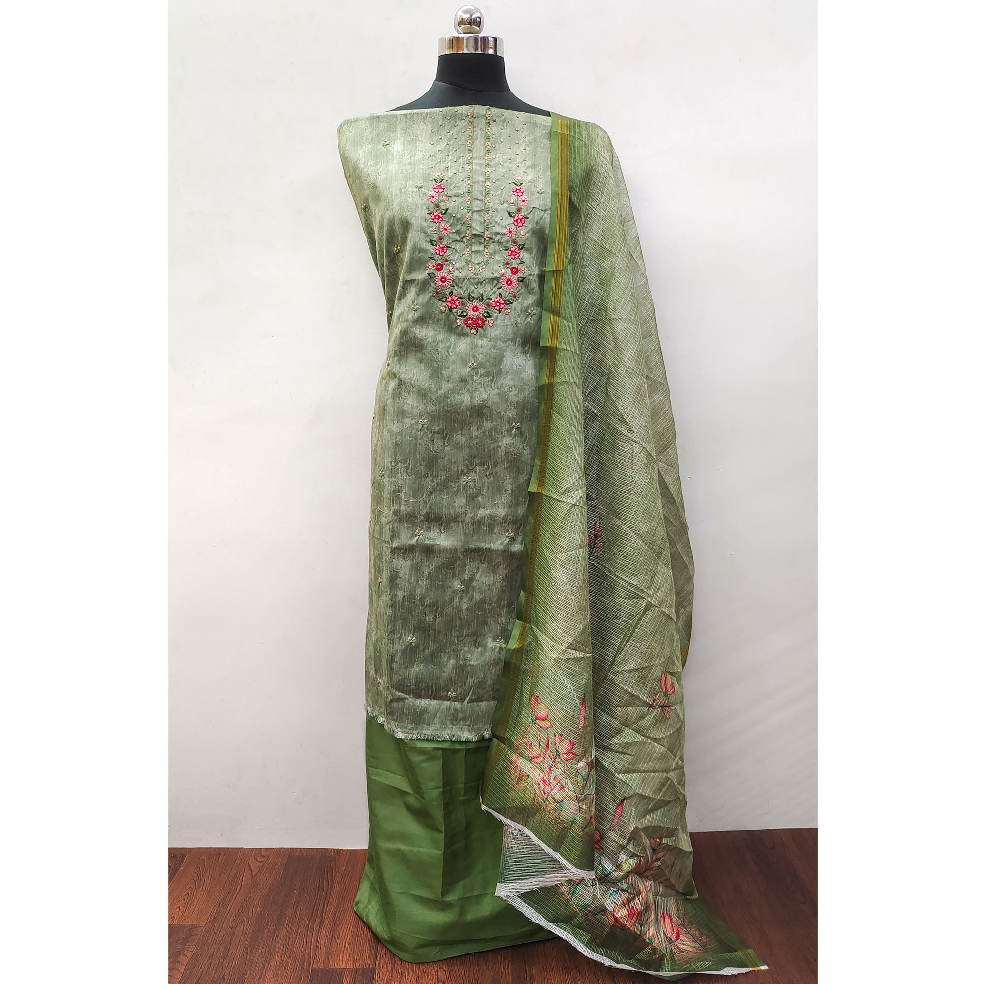 Green Embroidered Art Silk Dress Material
