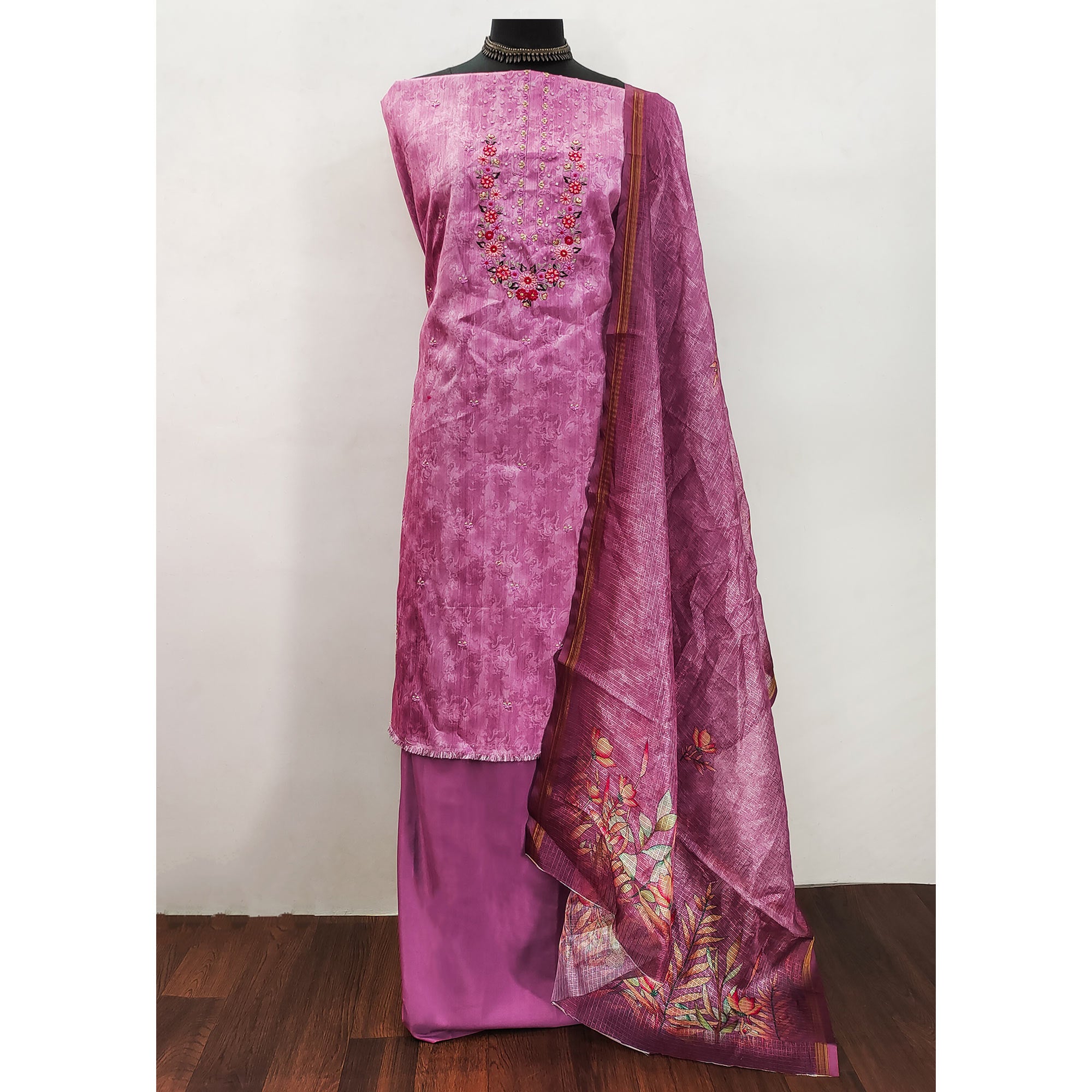 Pink Embroidered Art Silk Dress Material