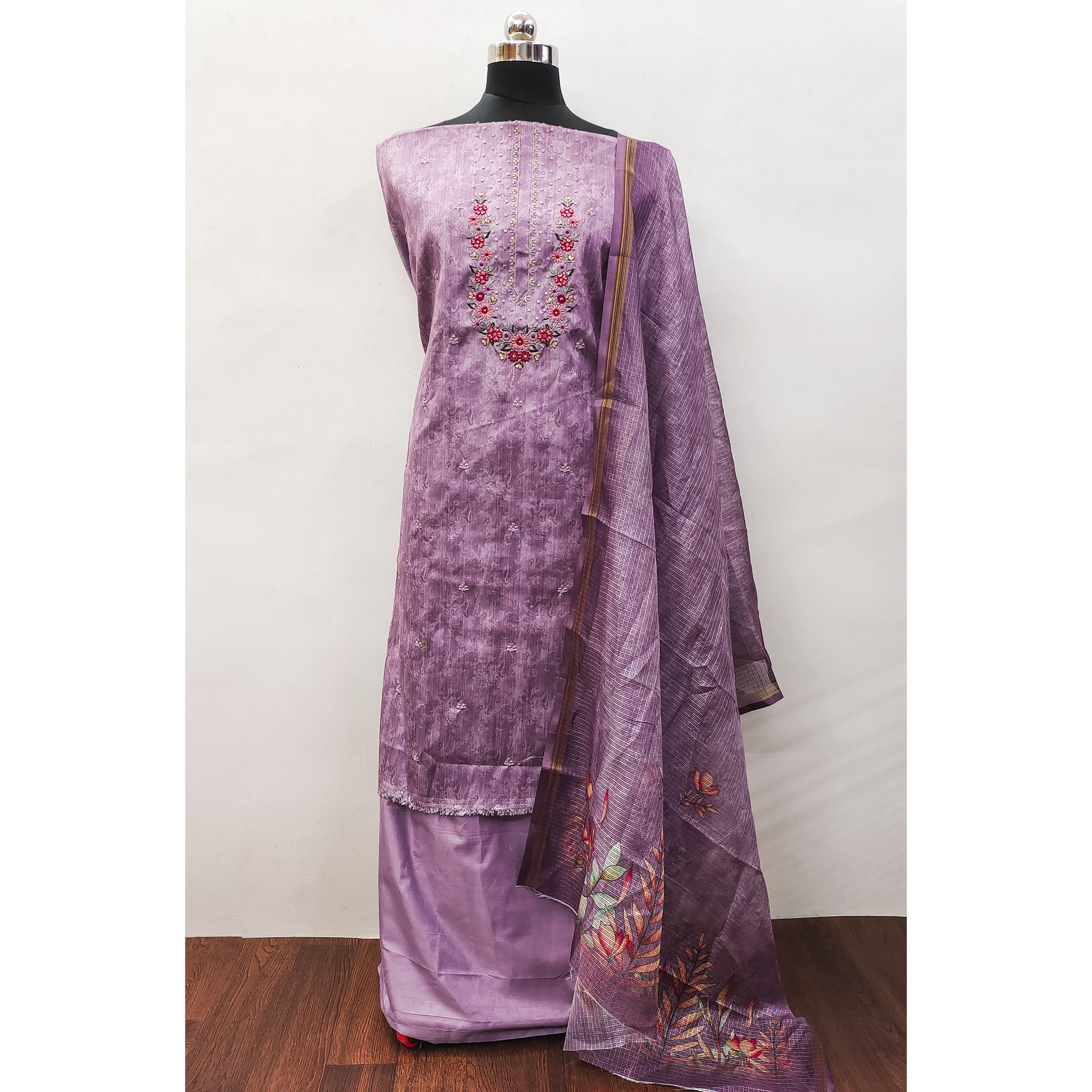 Purple Embroidered Art Silk Dress Material