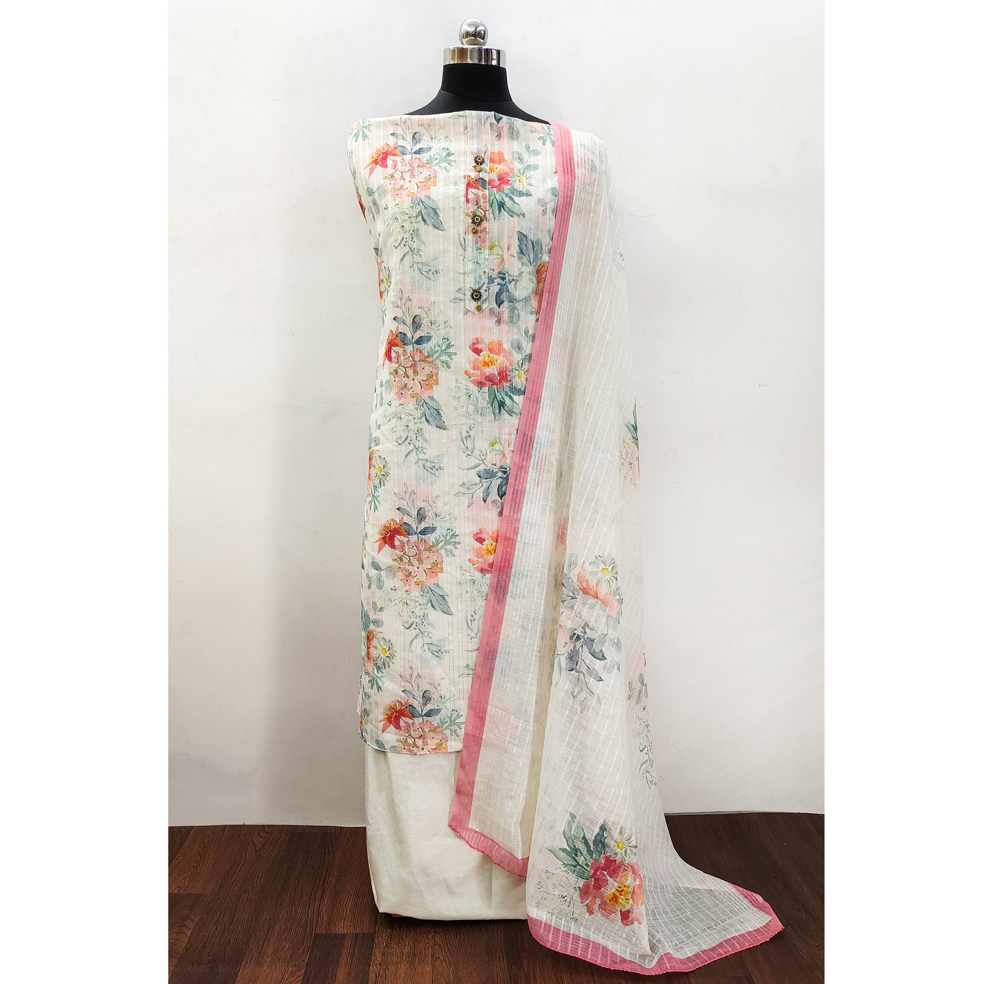 Off White Printed Linen Dress Material