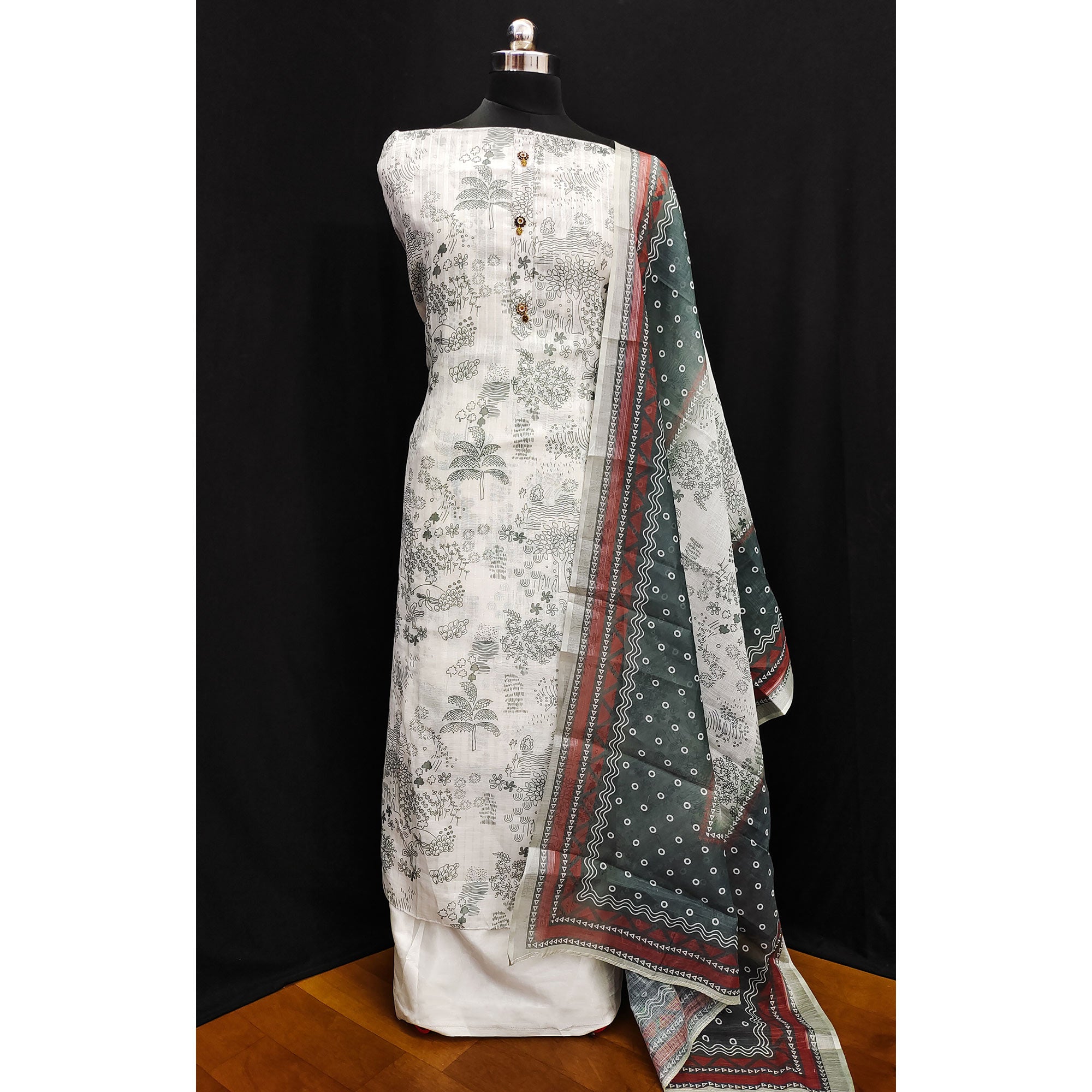 White & Grey Printed Linen Dress Material