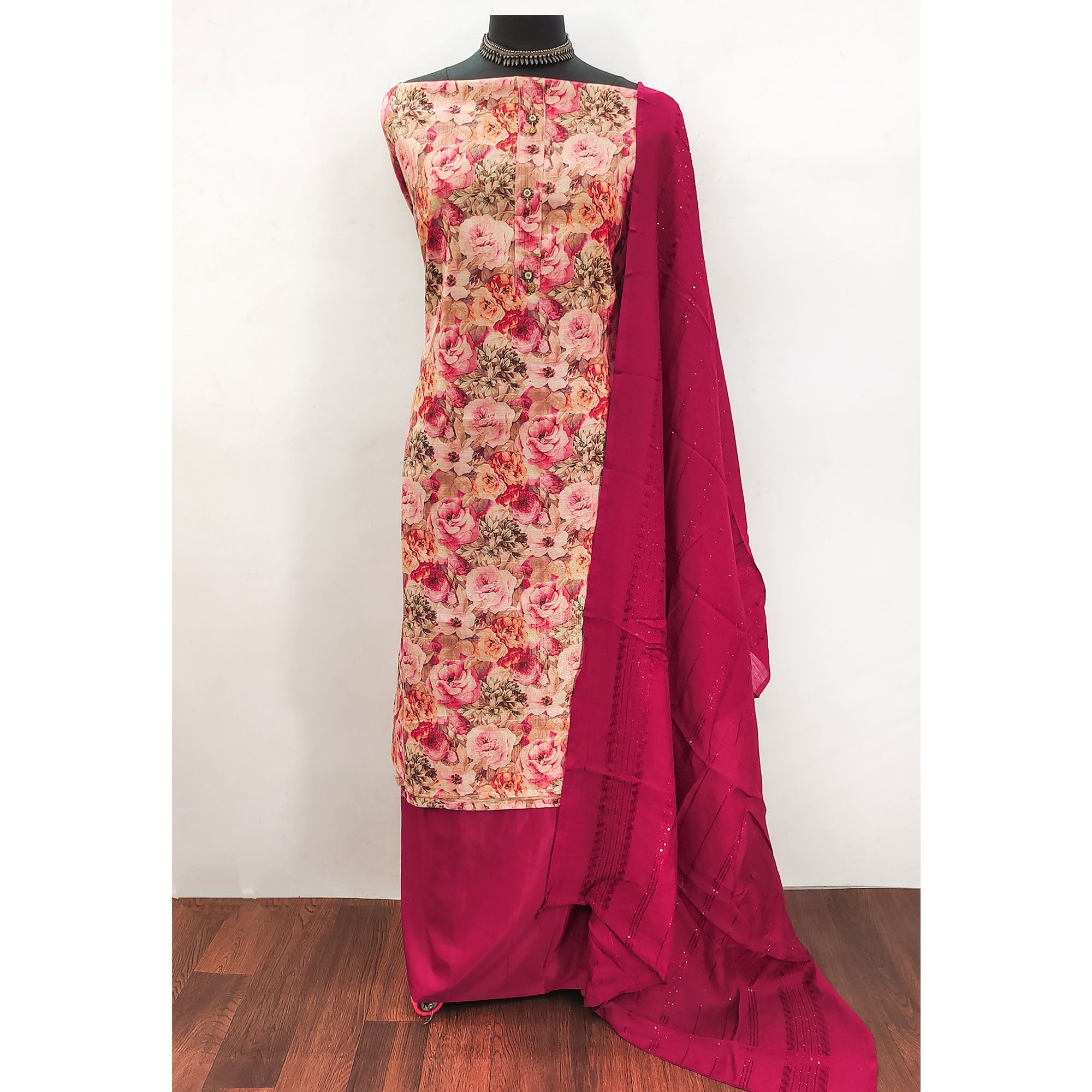 Peach Floral Printed Cotton Silk Dress Material