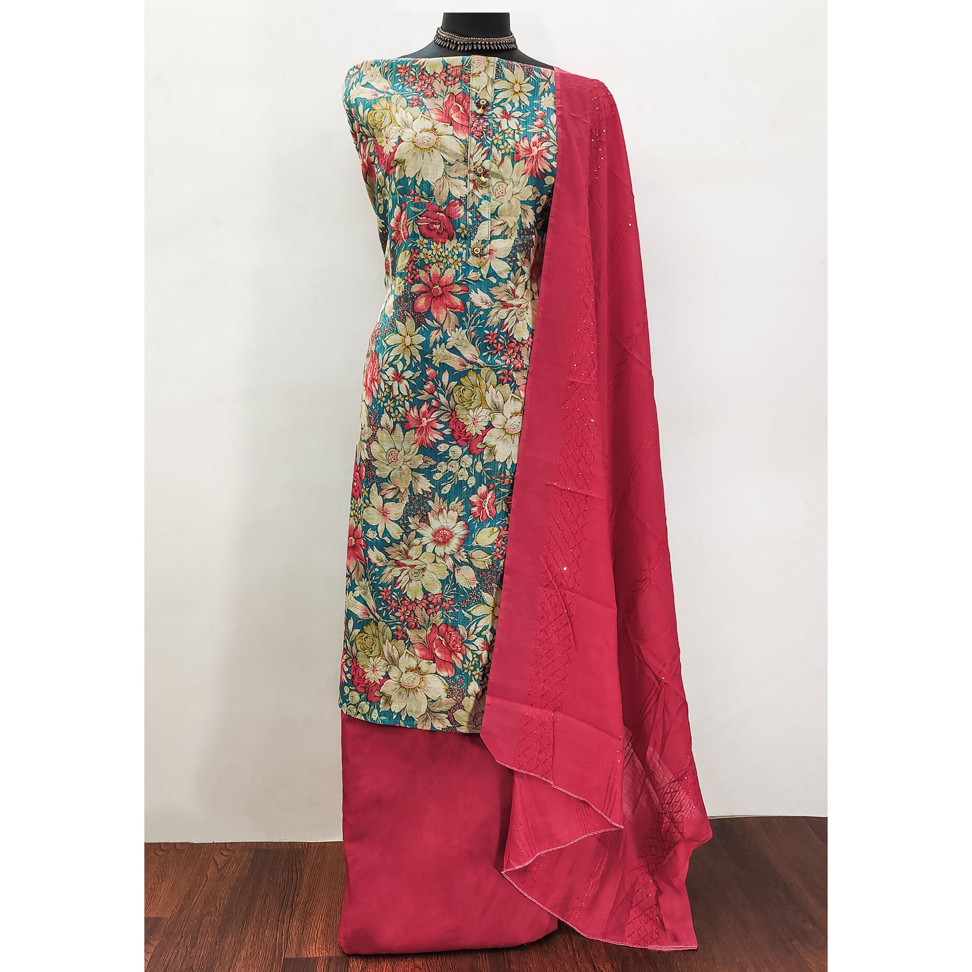 Rama Blue Floral Printed Cotton Silk Dress Material