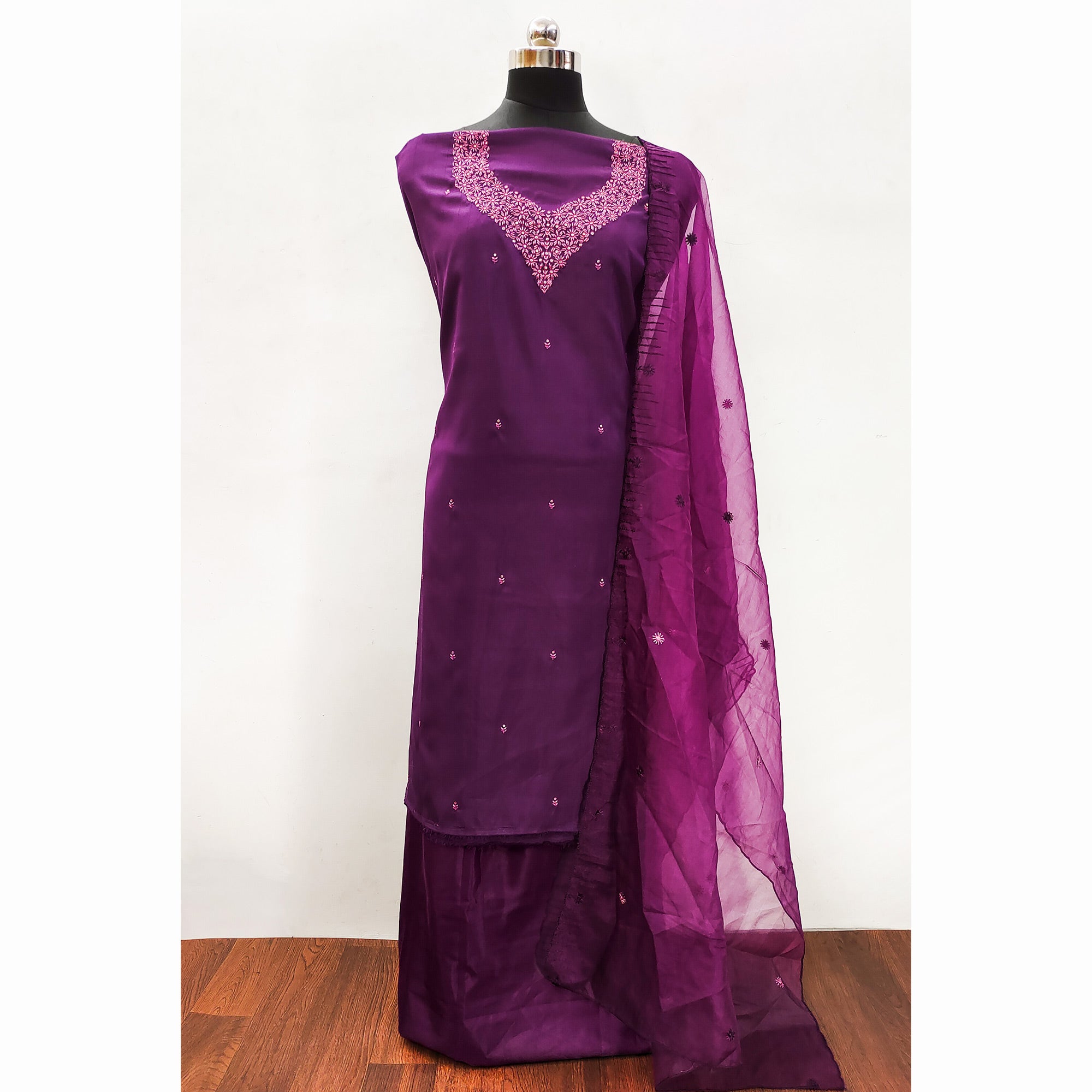Purple Sequins Embroidered Art Silk Dress Material