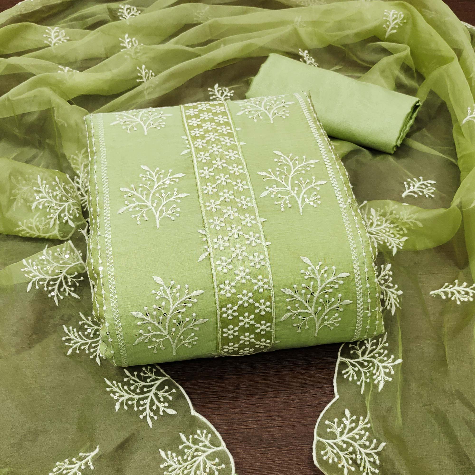 Green Embroidered Chanderi Dress Material