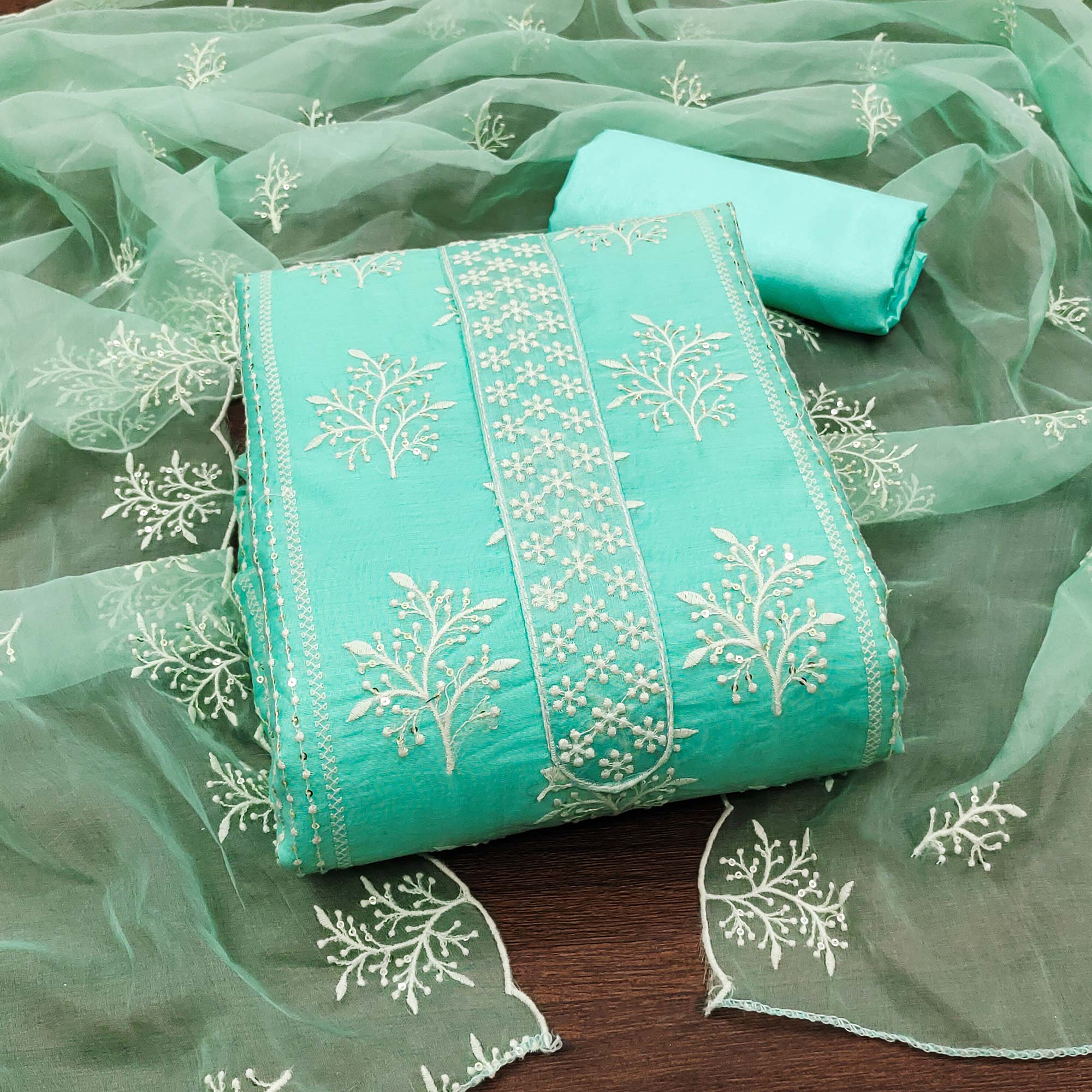 Turquoise Embroidered Chanderi Dress Material