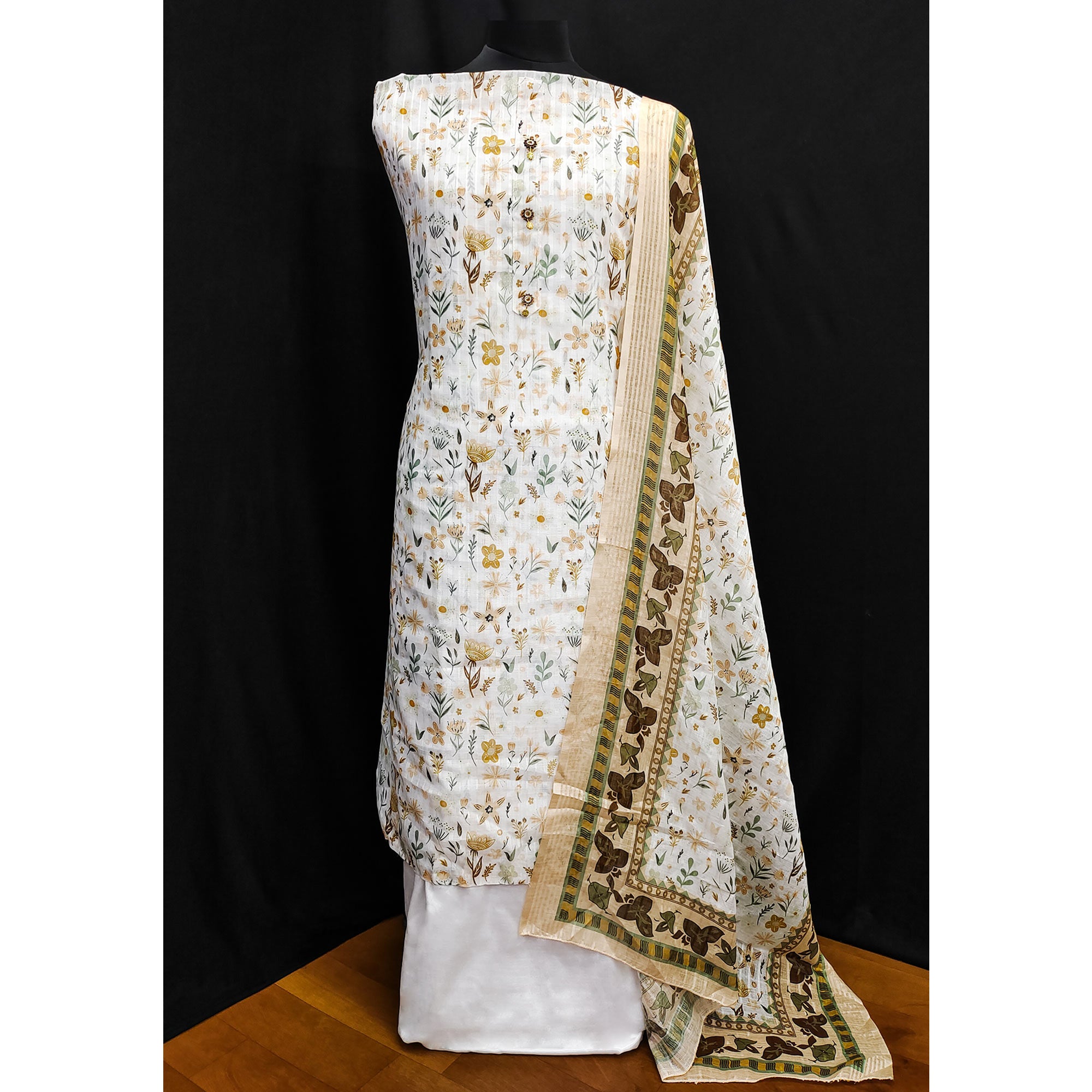 White Floral Printed Pure Cotton Dress Material