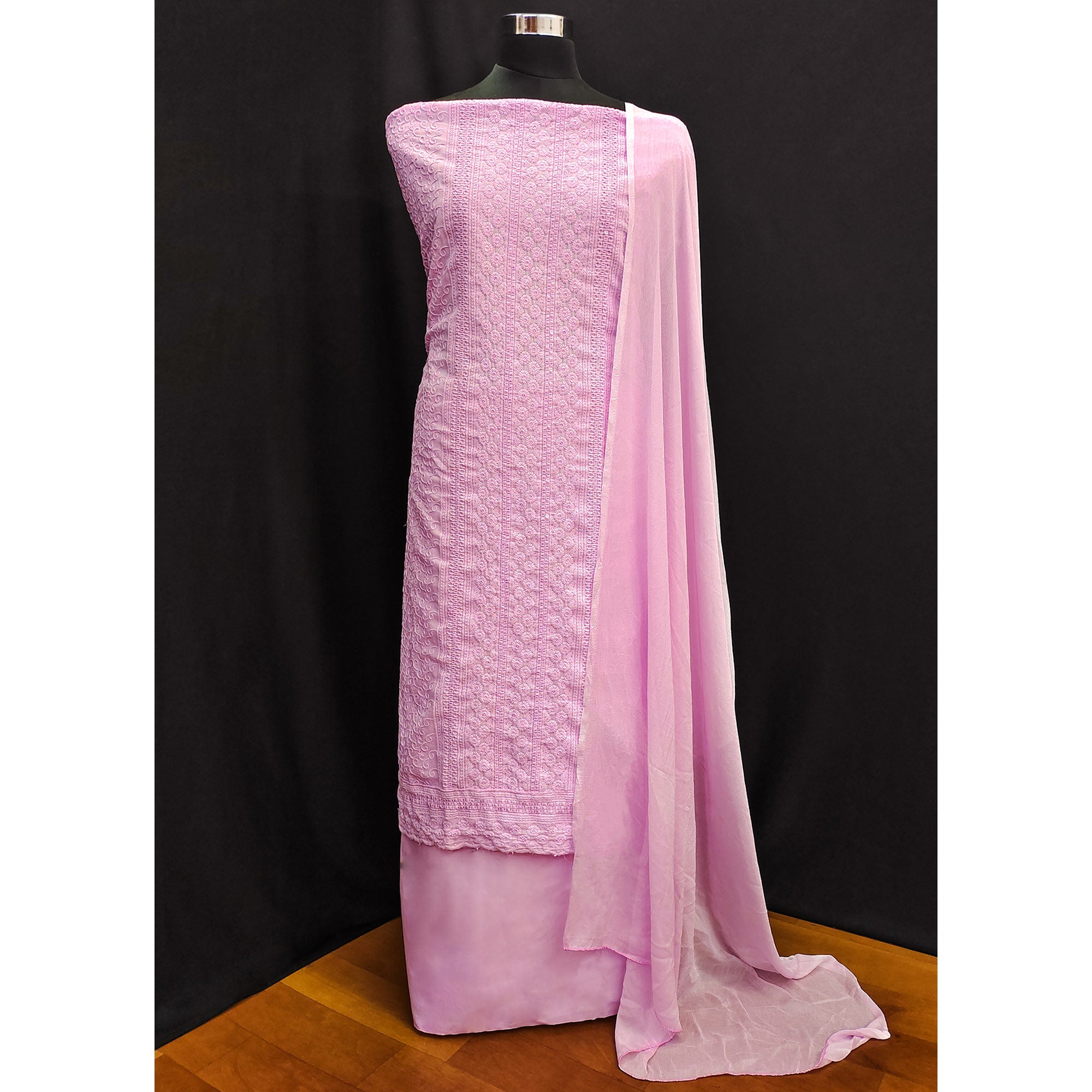 Pink Lucknowi Embroidered Pure Cotton Dress Material