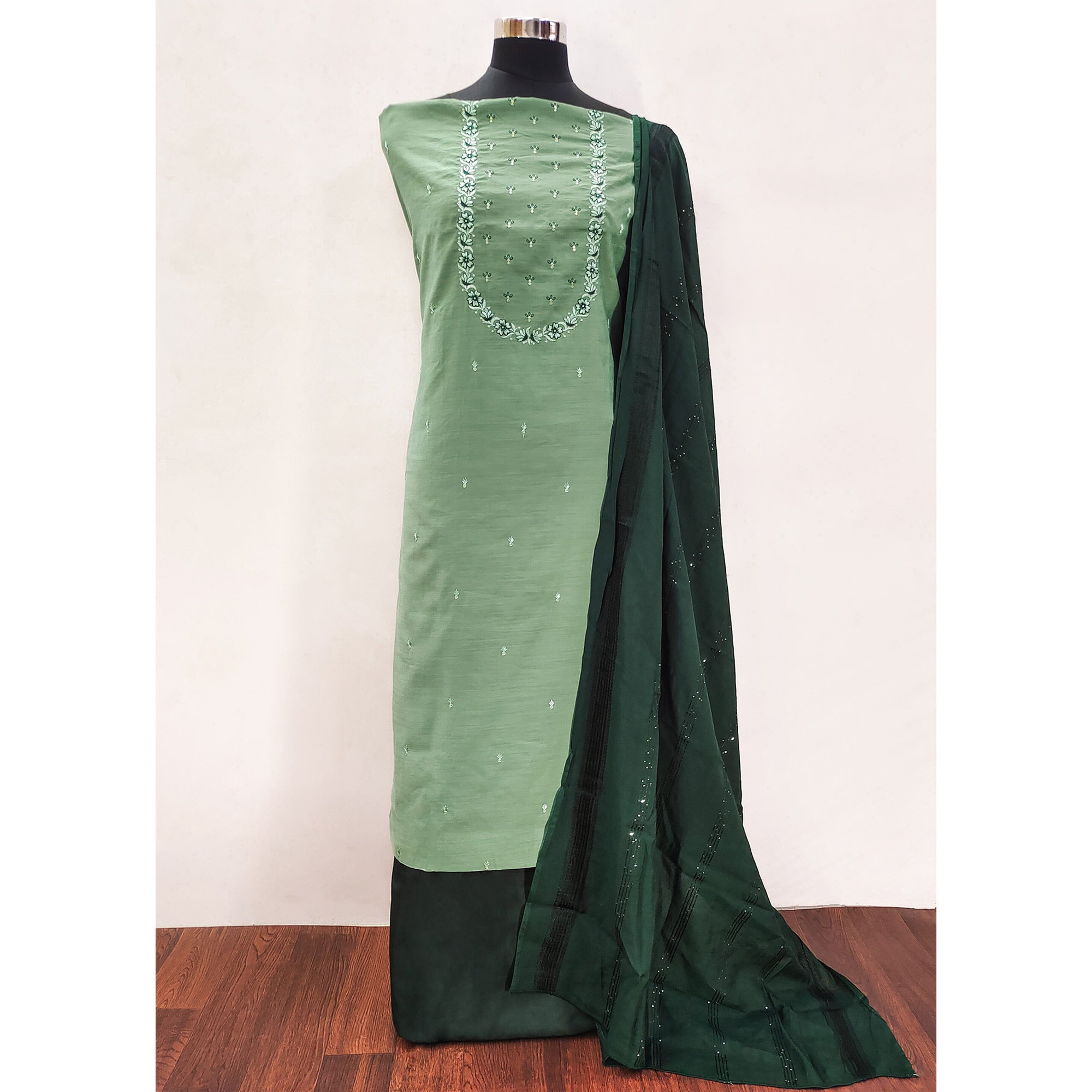 Green Embroidered Pure Cotton Dress Material