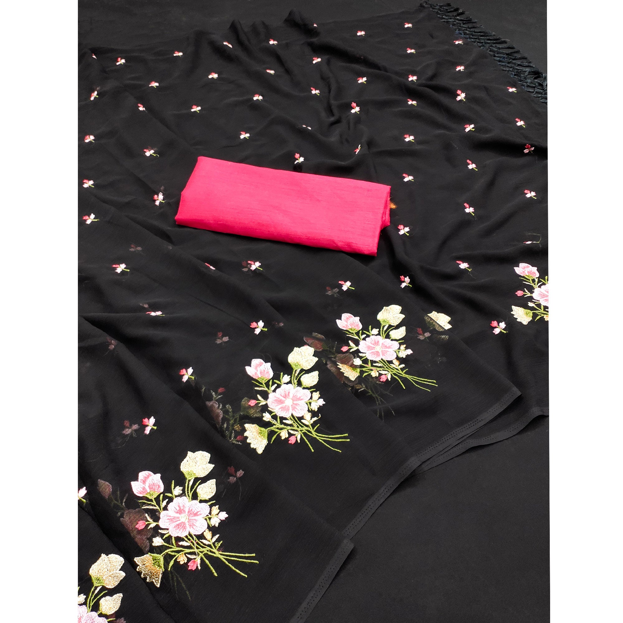 Black Floral Embroidered Art Silk Saree