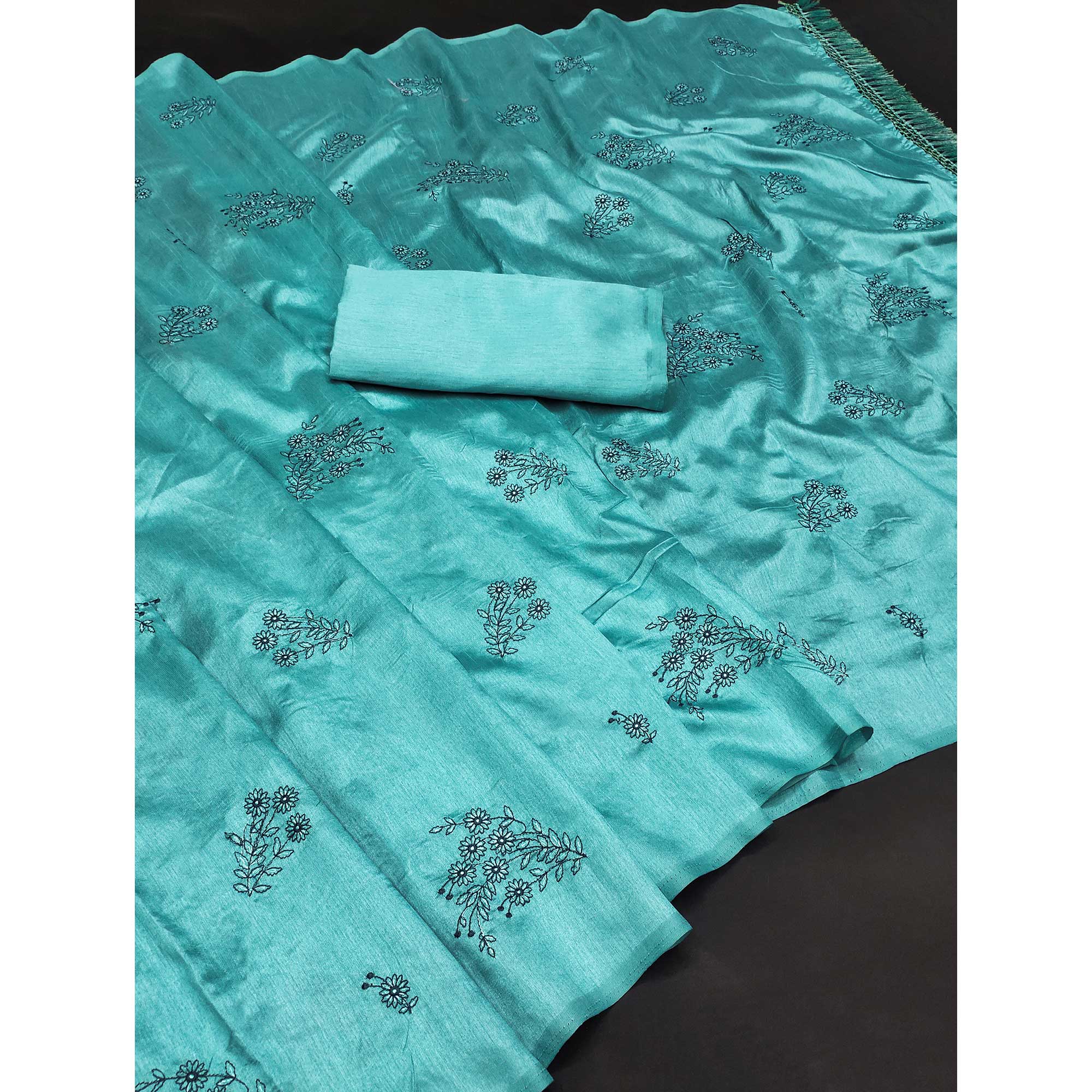 Aqua Blue Floral Embroidered Art Silk Saree With Tassels
