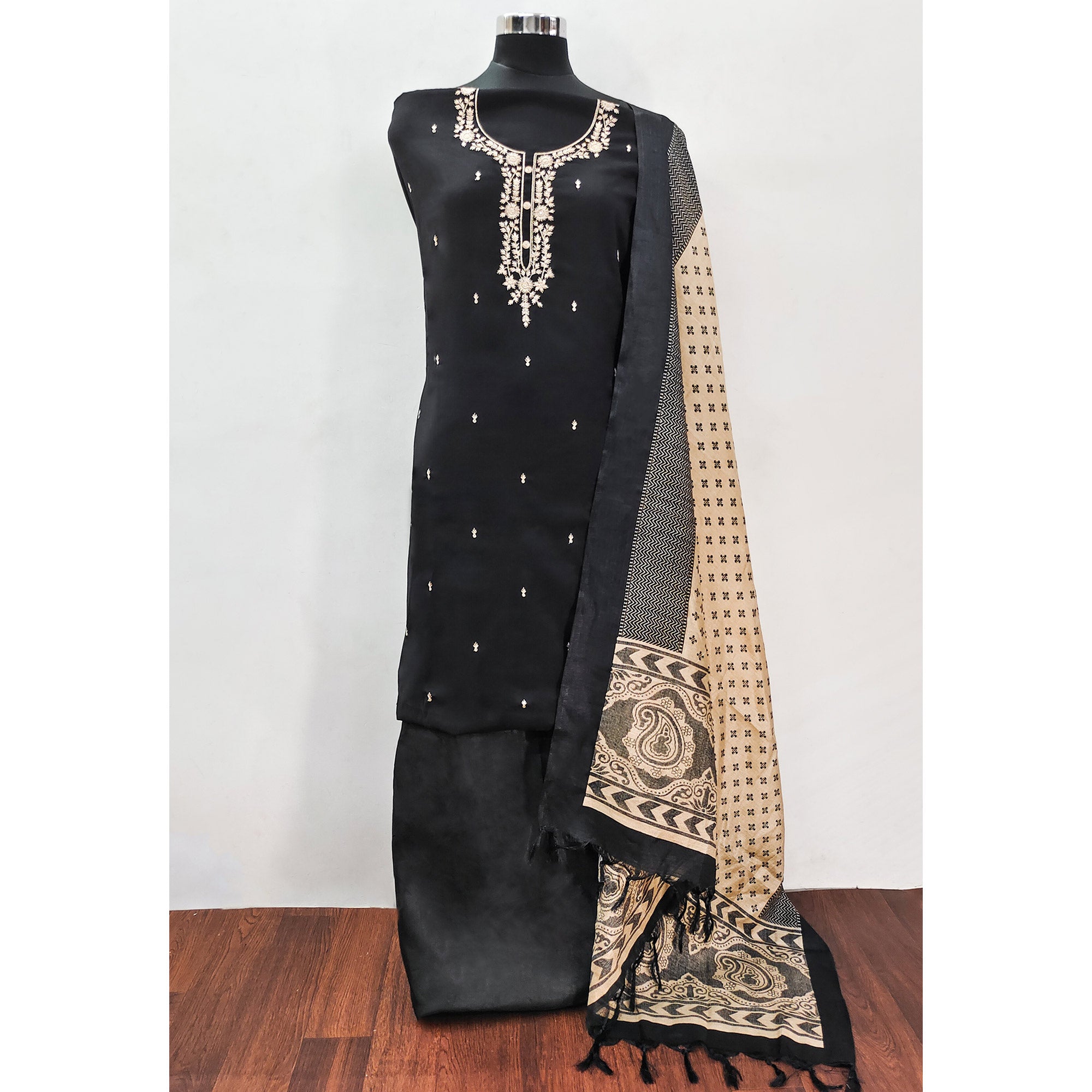 Black Embroidered Viscose Dress Material