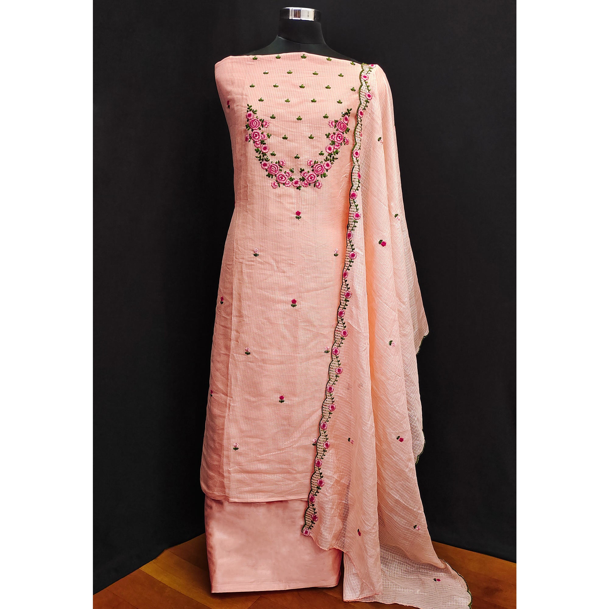 Peach Floral Embroidered Kota Doria Dress Material