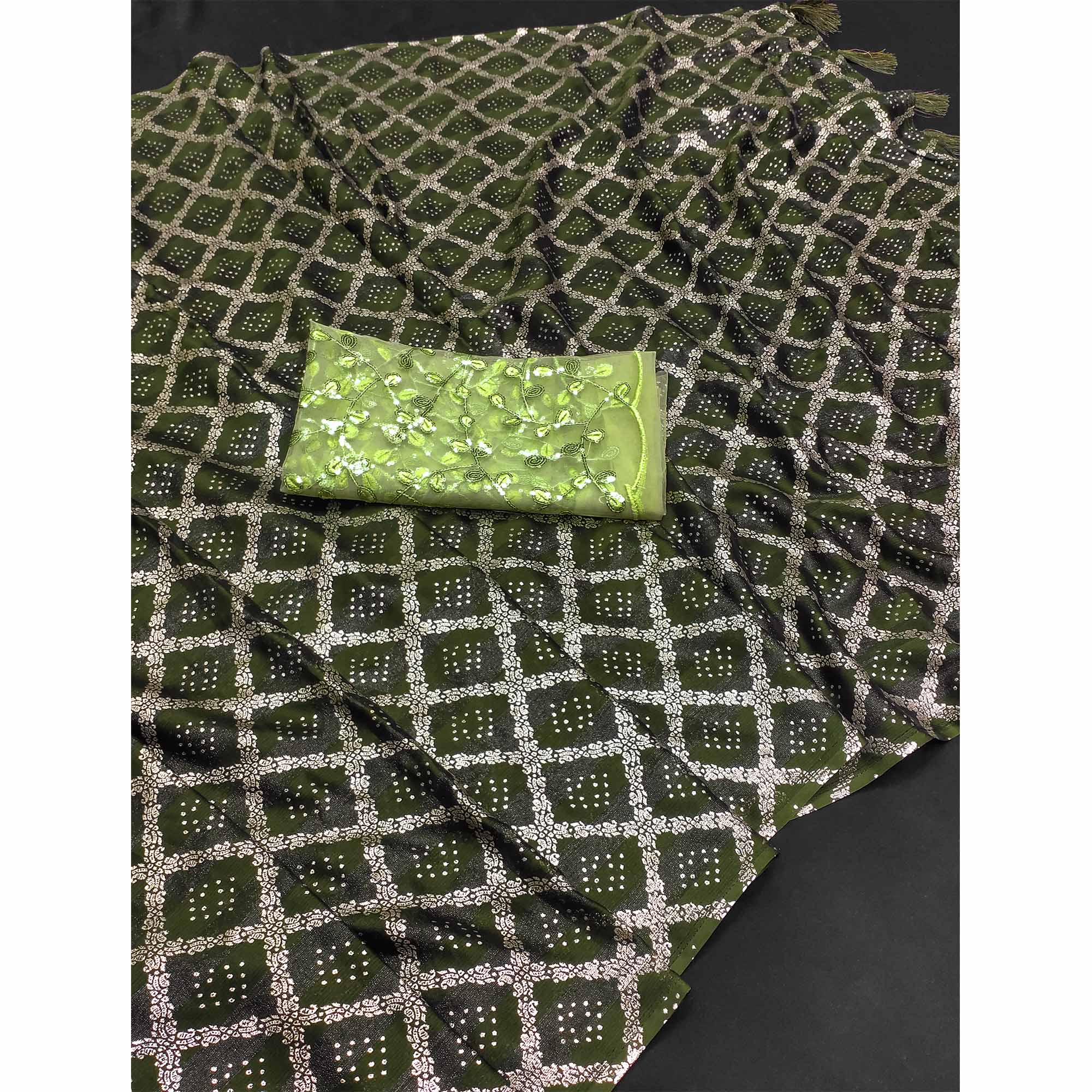 Mehendi Green Foil Printed Chiffon Saree