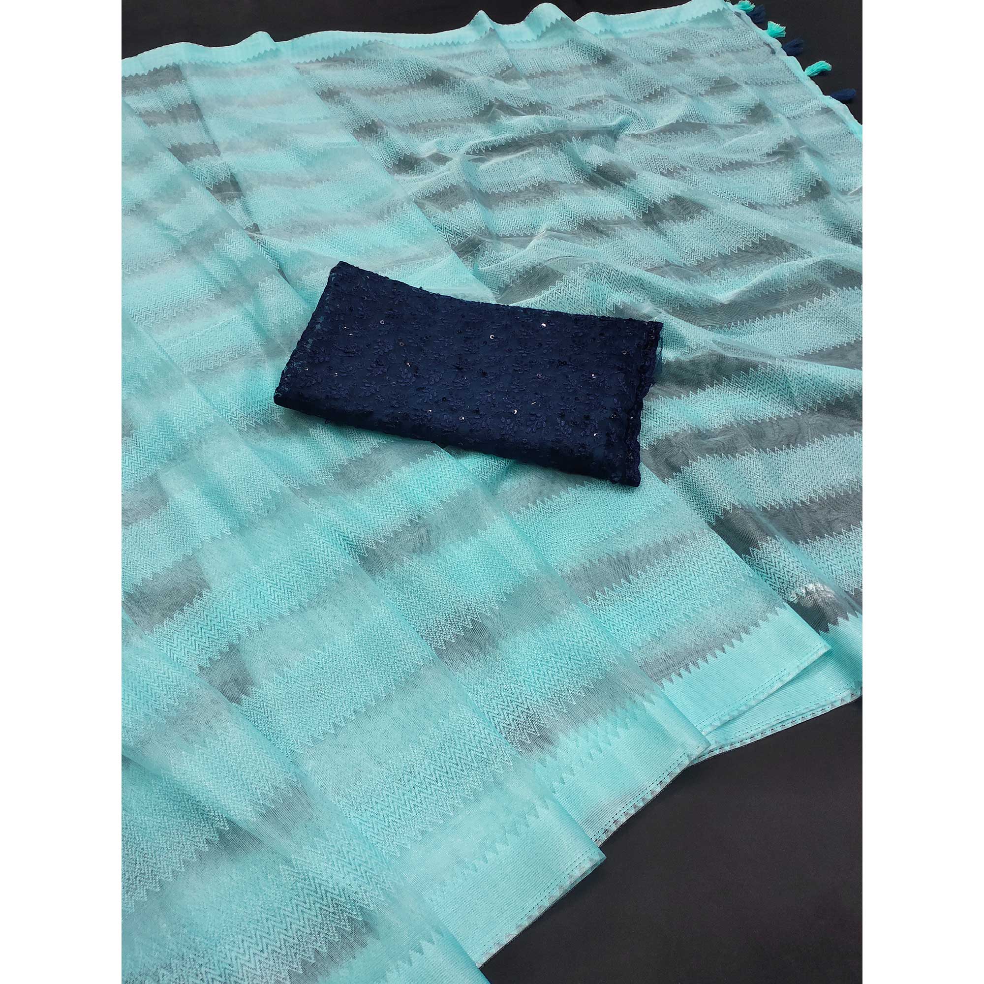 Sea Blue Woven Net Saree With Tassels