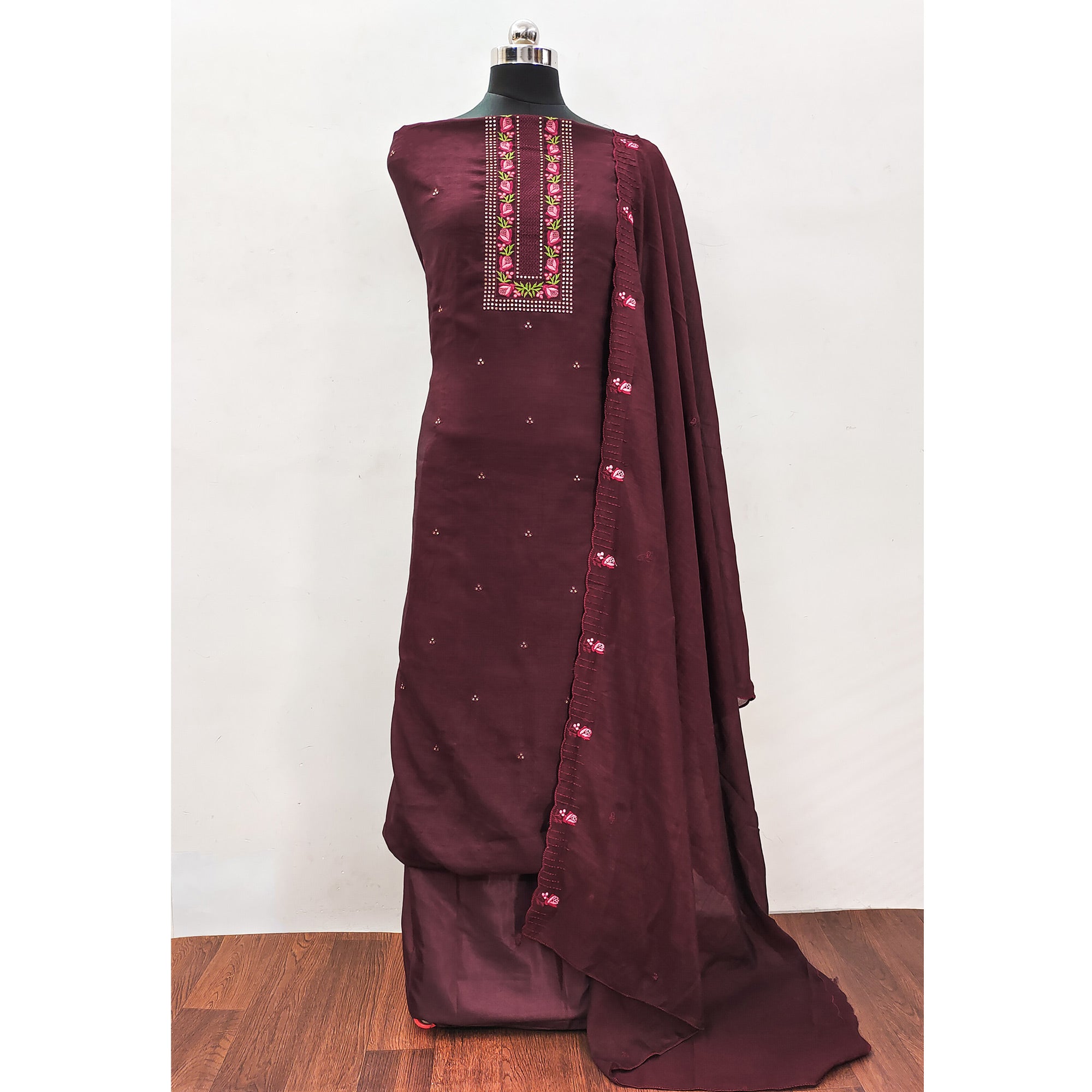 Brown Embroidered Vichitra Silk Dress Material