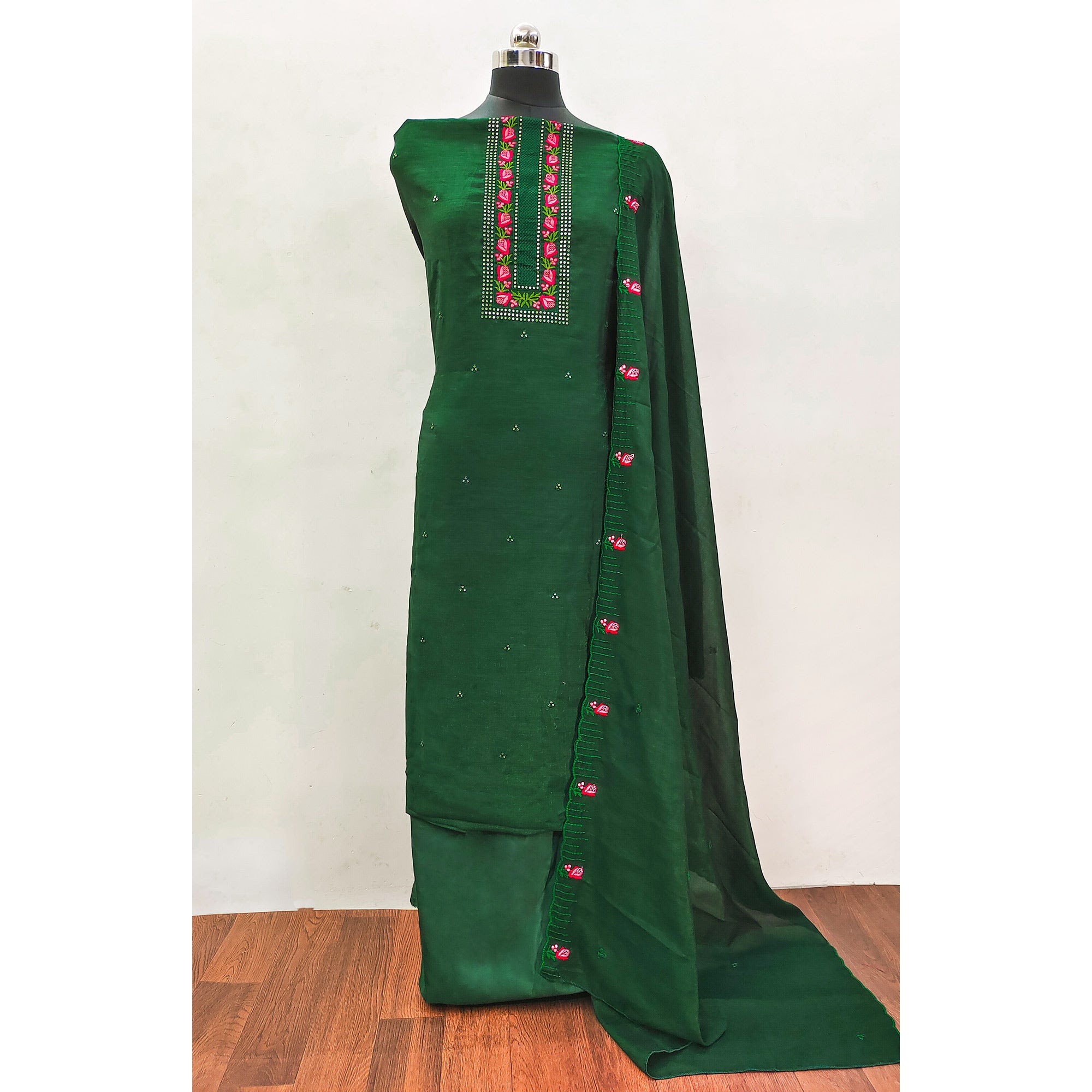 Green Embroidered Vichitra Silk Dress Material