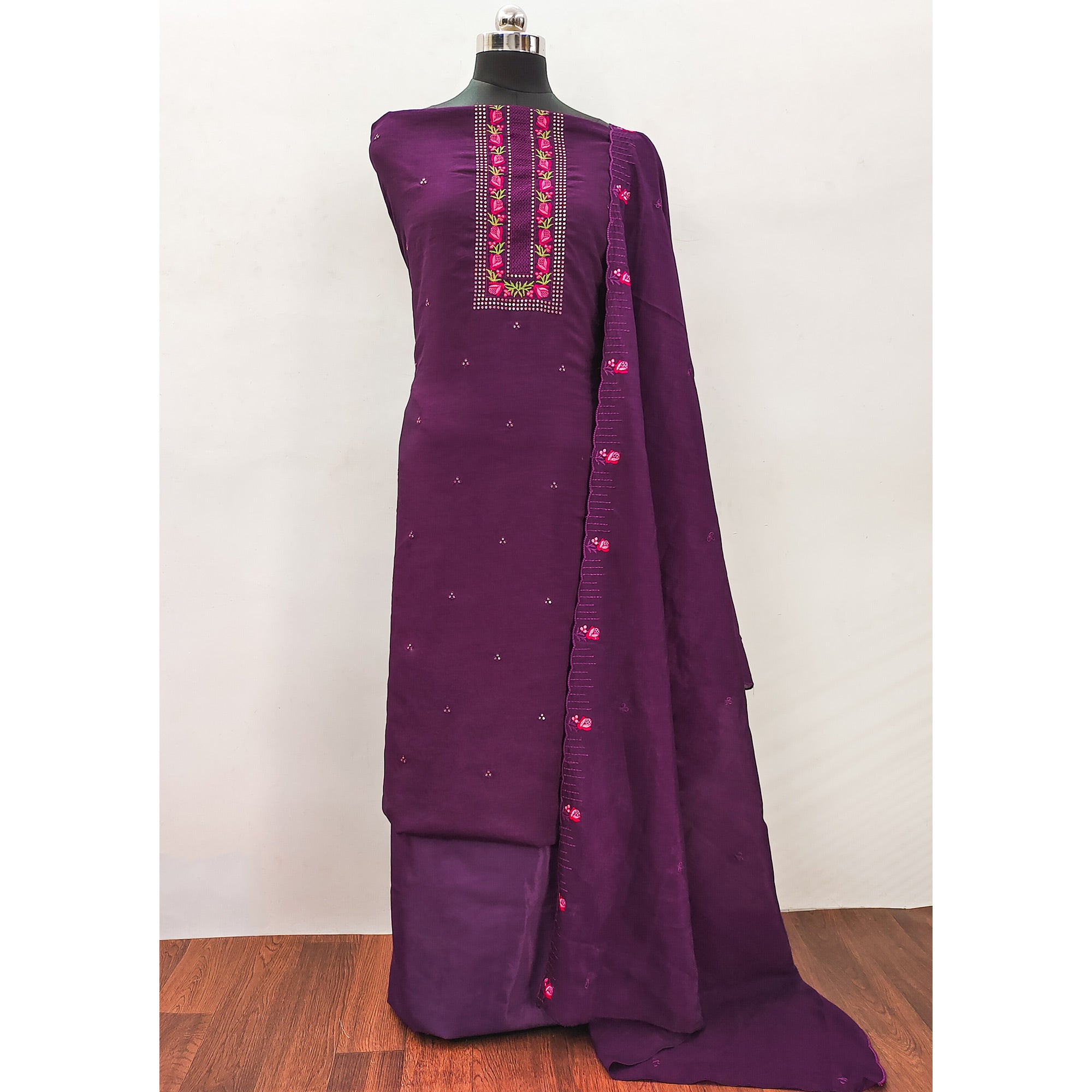Purple Embroidered Vichitra Silk Dress Material