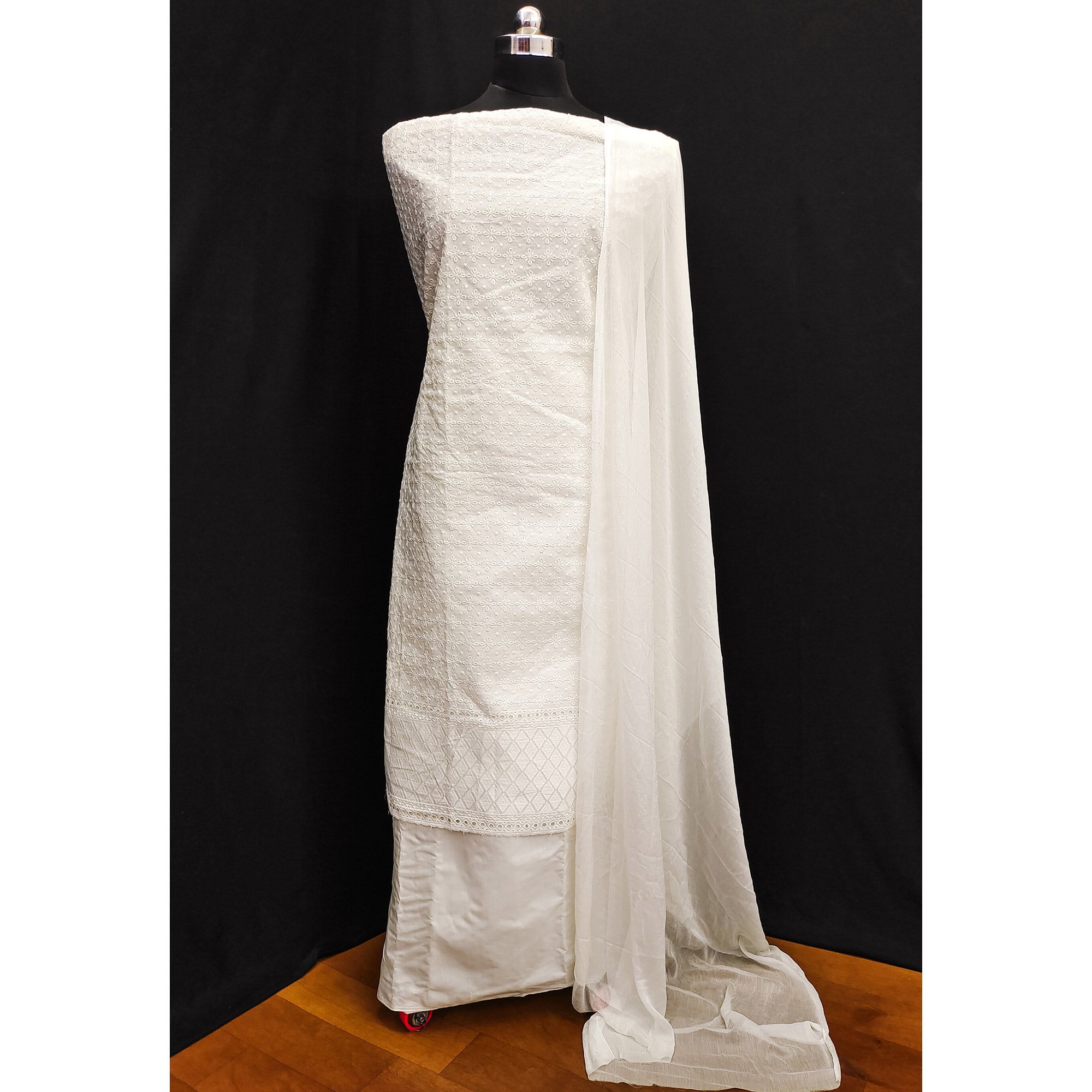 Off White Lucknowi Embroidered Pure Cotton Dress Material