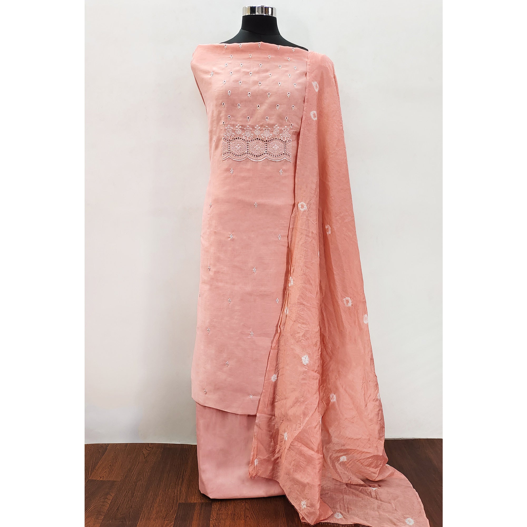 Peach Embroidered Cotton Blend Dress Material