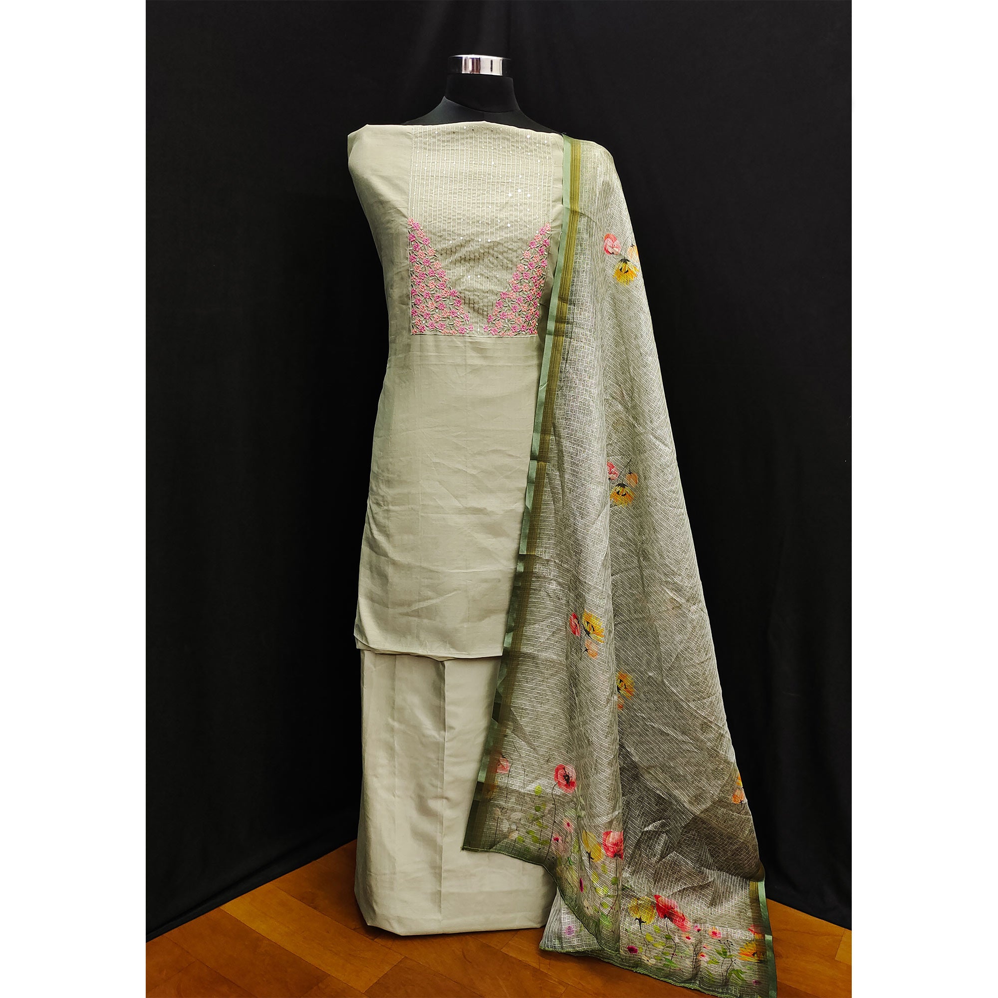 Green Floral Embroidered Pure Cotton Dress Material