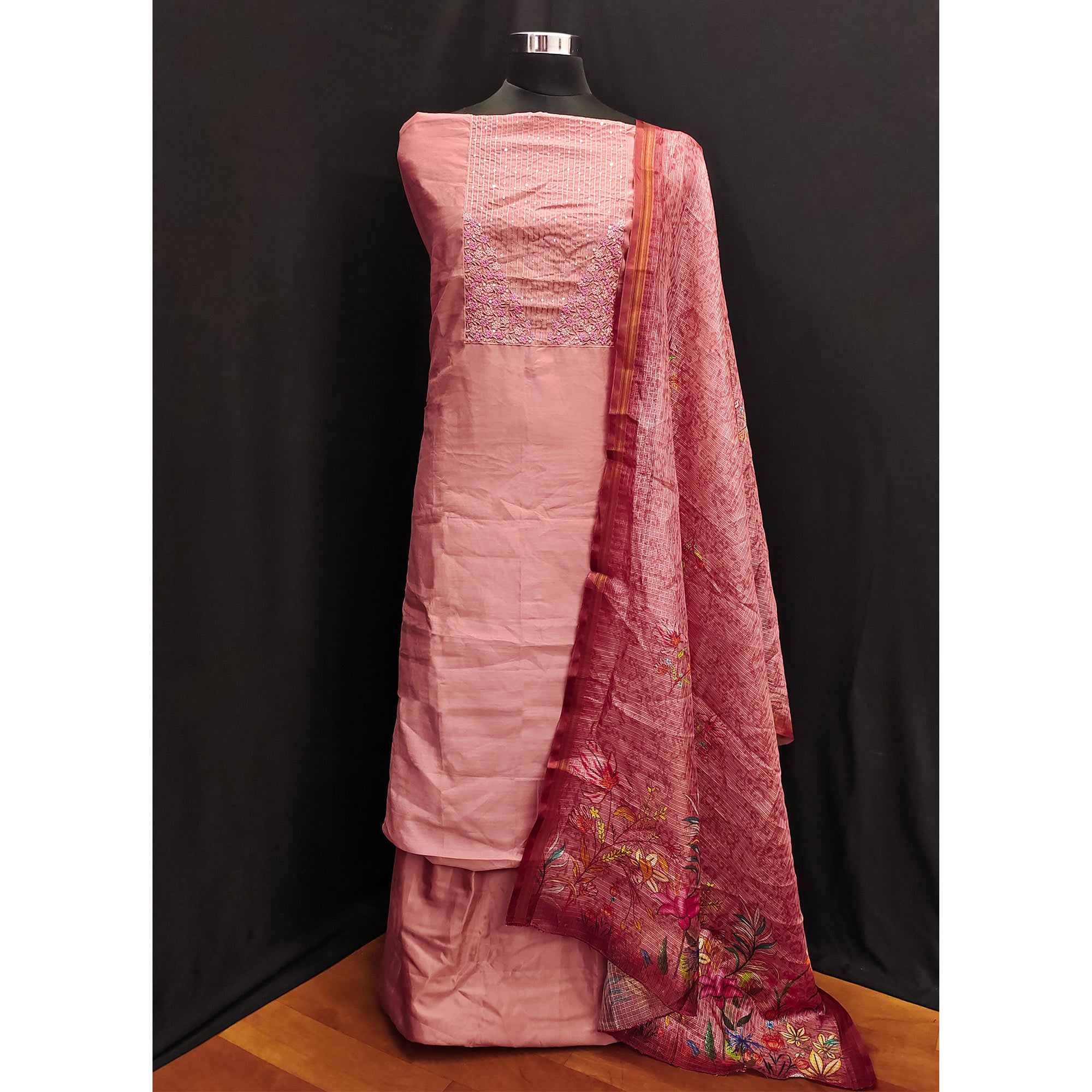 Peach Floral Embroidered Pure Cotton Dress Material