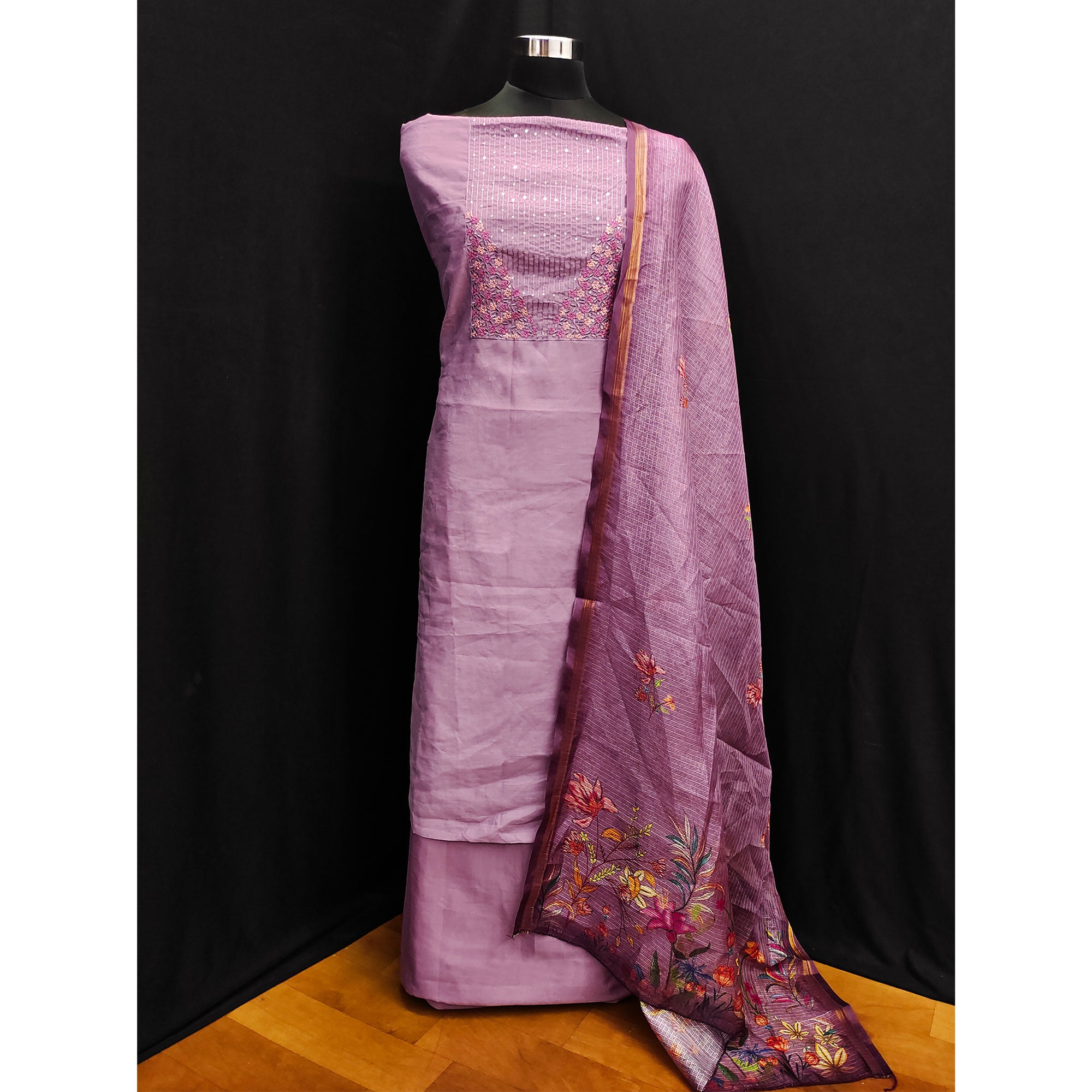 Purple Floral Embroidered Pure Cotton Dress Material