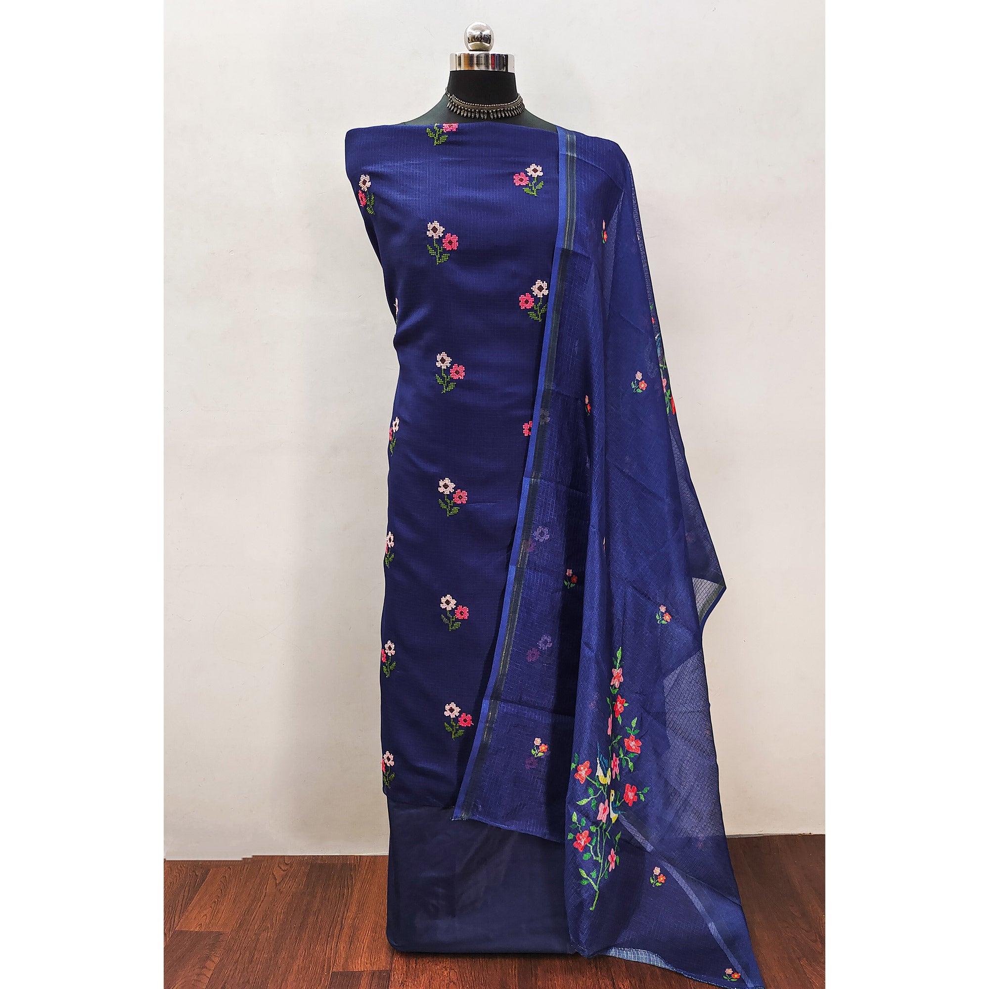 Navy Blue Floral Embroidered Kota Doria Dress Material
