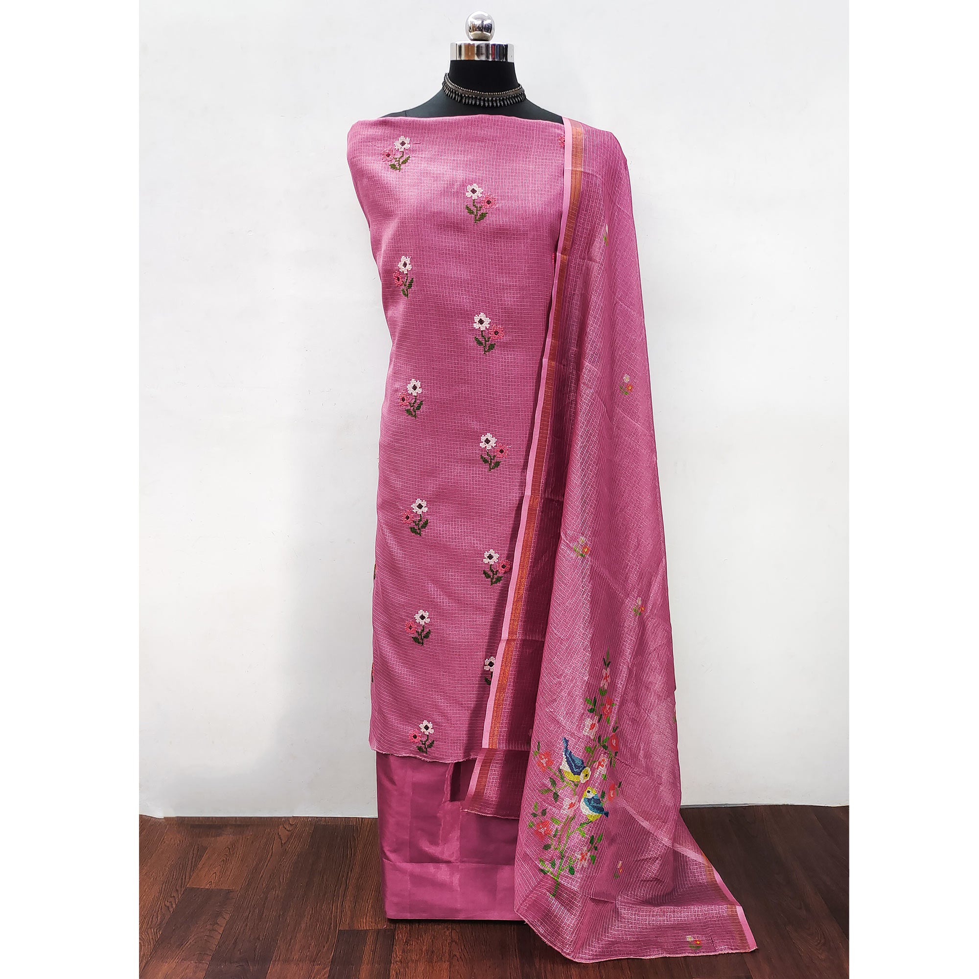Onion Pink Floral Embroidered Kota Doria Dress Material