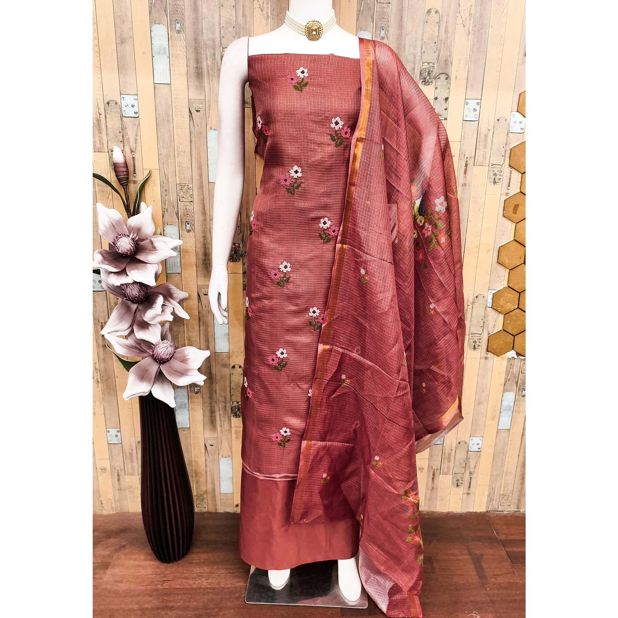 Unstitched Rust Suit Set in Soft Kota Doria Adorned with Floral Embroidery