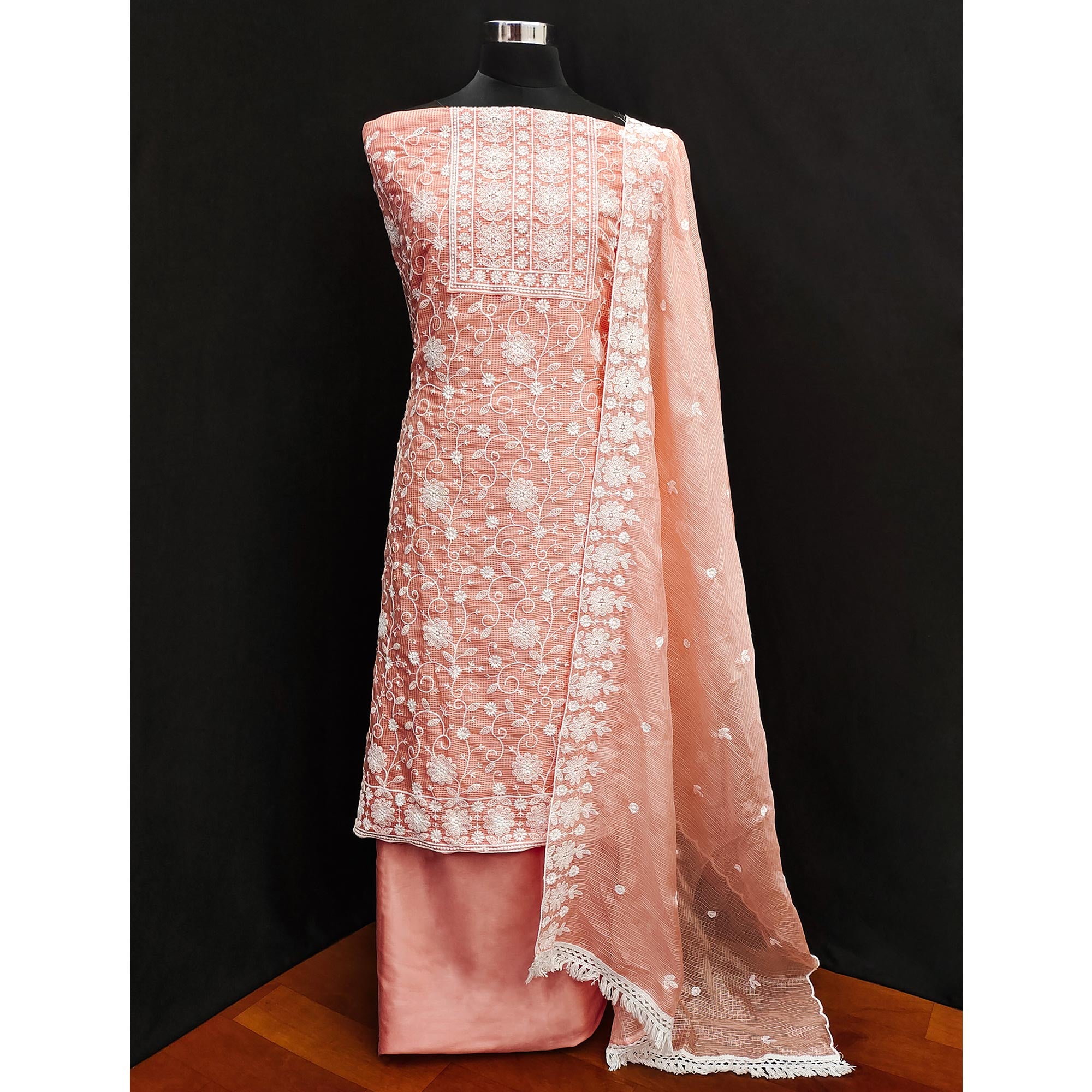 Peach Floral Embroidered Kota Doria Dress Material