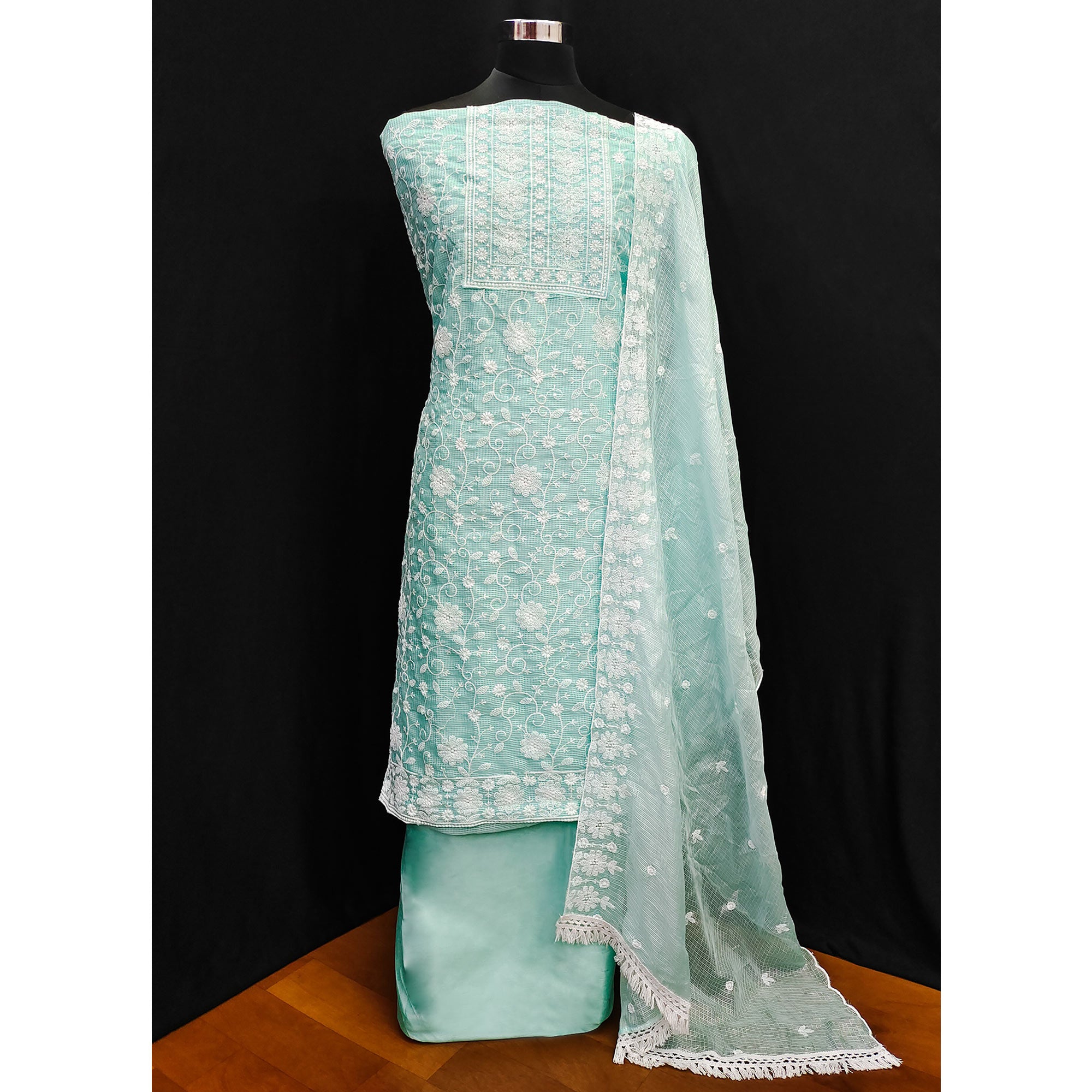Sea Green Floral Embroidered Kota Doria Dress Material