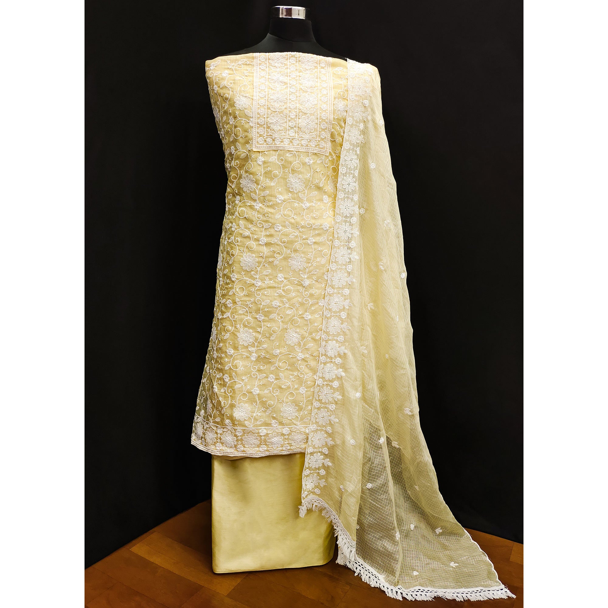 Yellow Floral Embroidered Kota Doria Dress Material