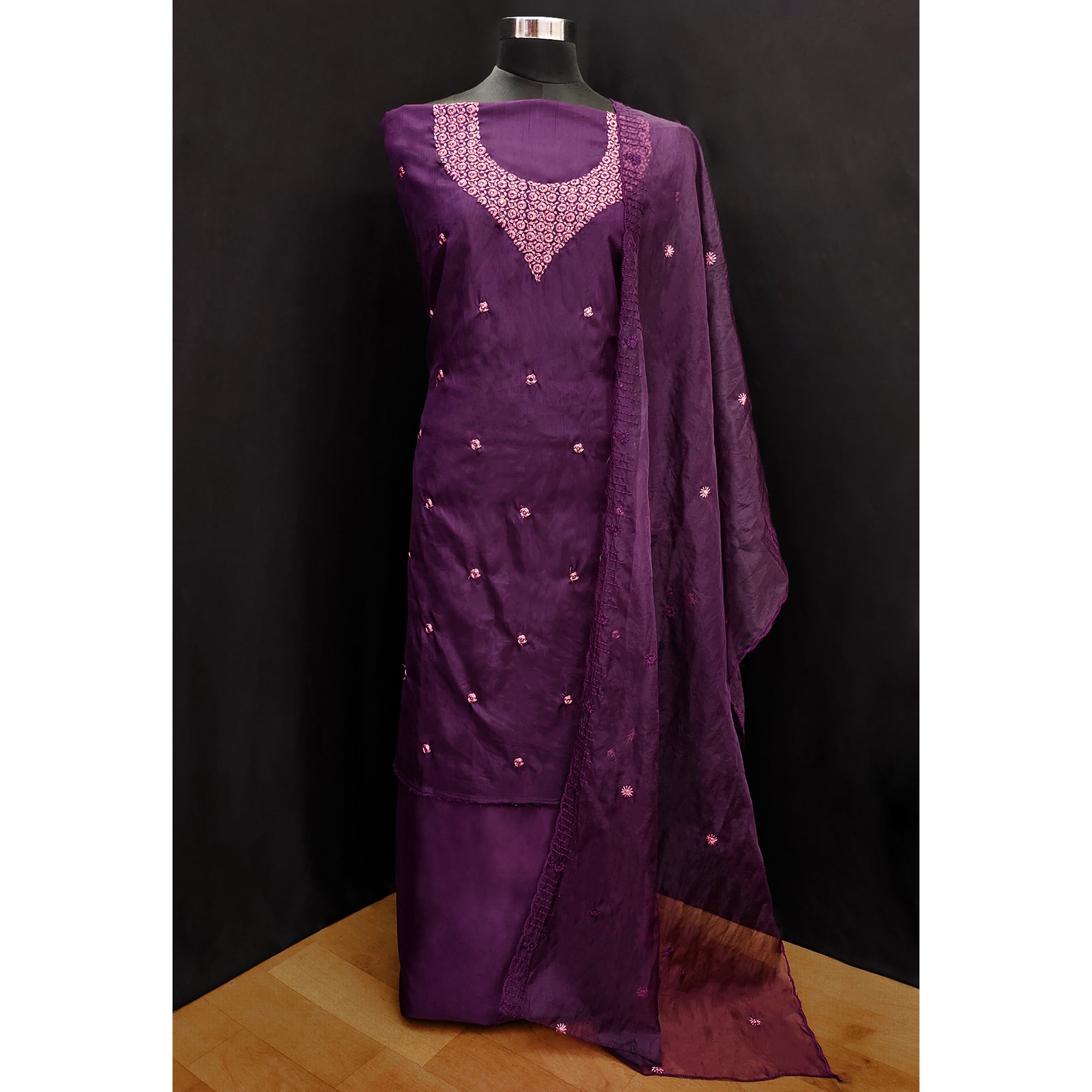 Purple Floral Embroidered Art Silk Dress Material