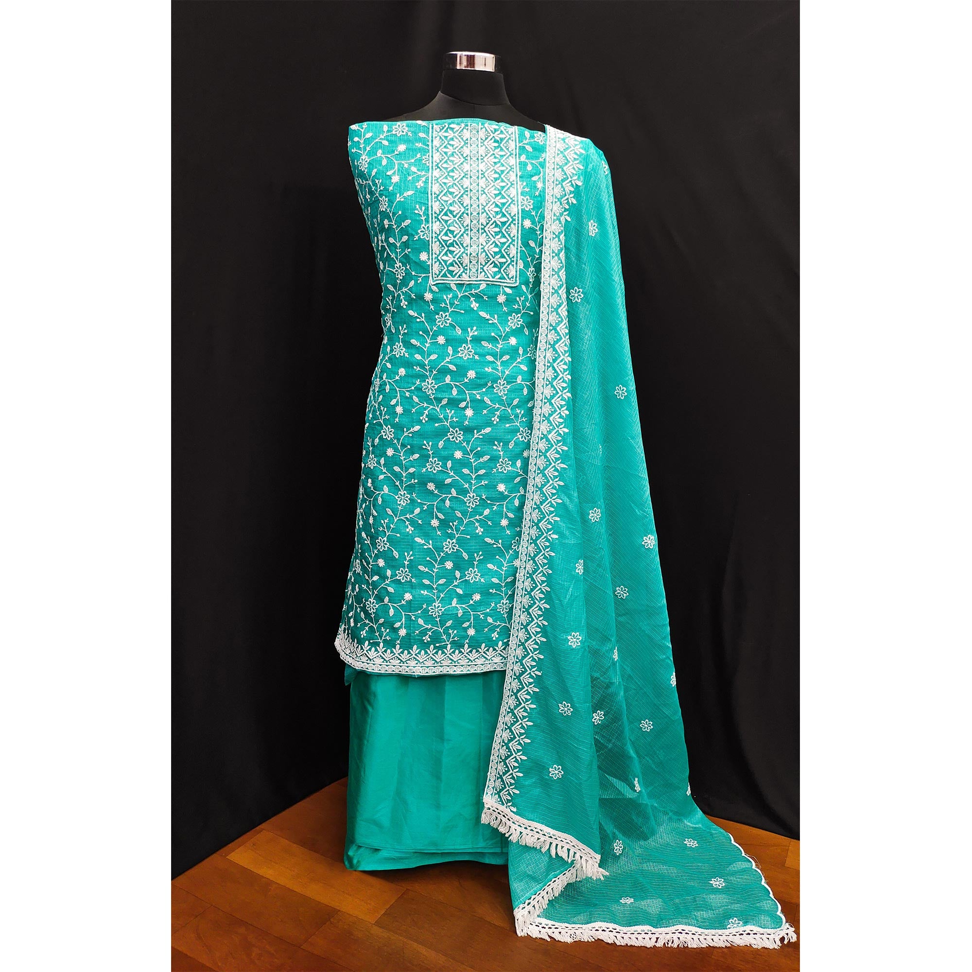 Turquoise Floral Embroidered Kota Doria Dress Material
