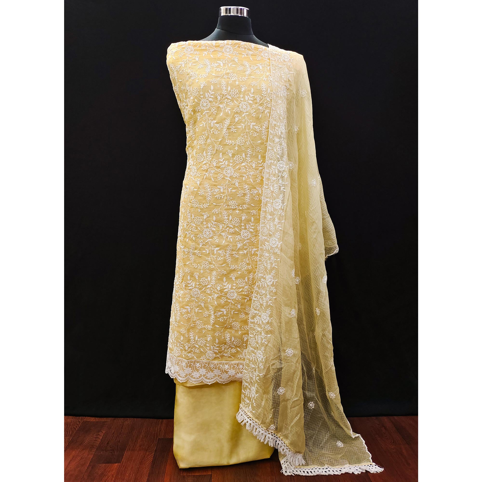 Yellow Floral Embroidered Kota Doria Dress Material
