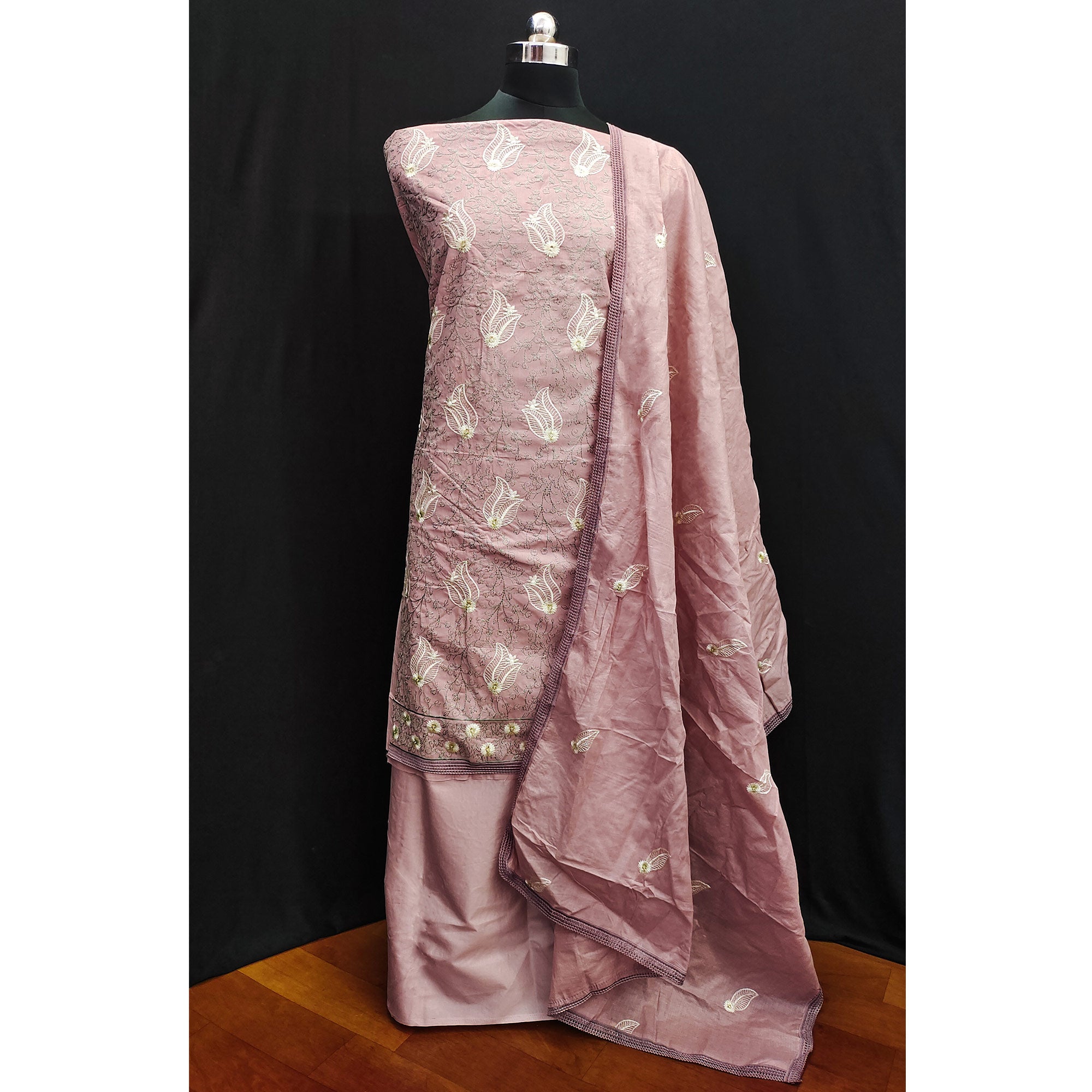 Dusty Pink Floral Embroidered Pure Cotton Dress Material