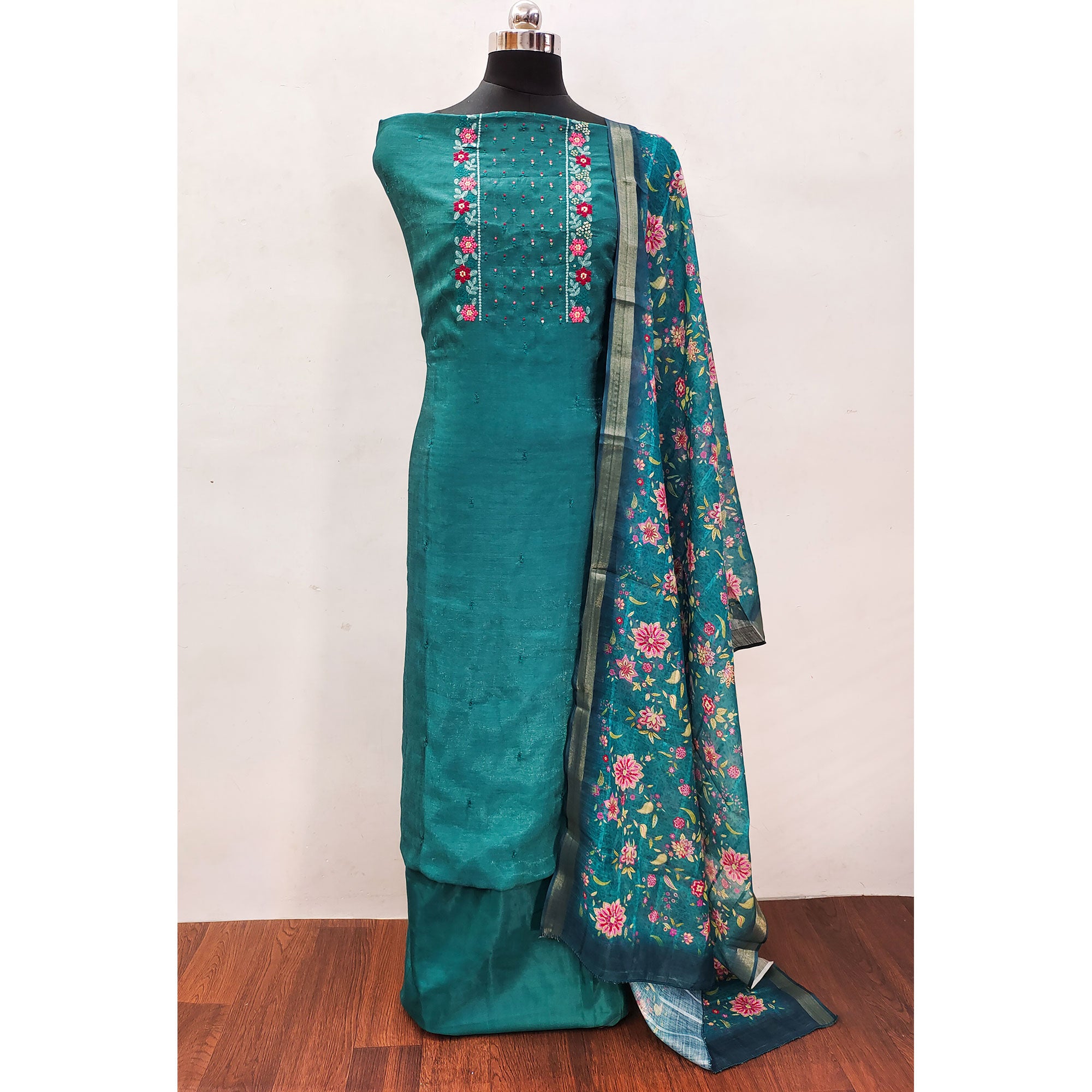 Teal Embroidered Vichitra Silk Dress Material