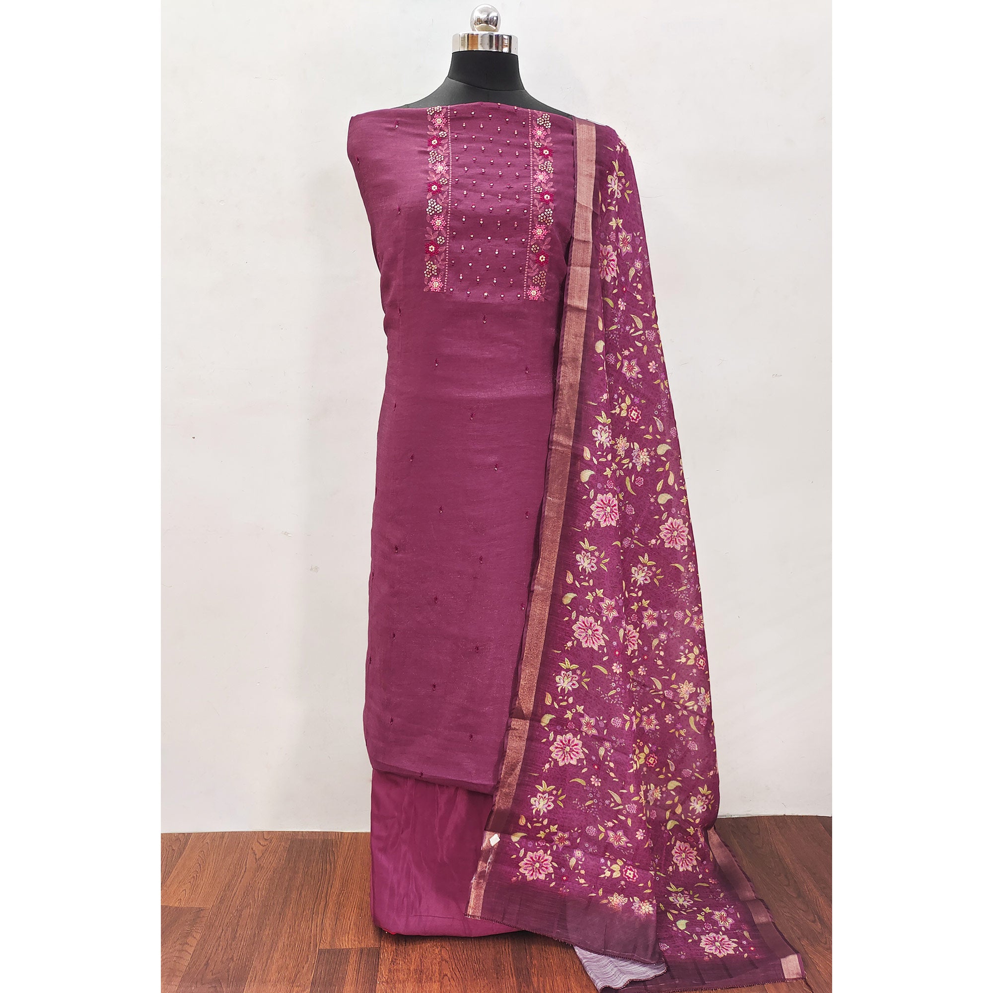 Wine Embroidered Vichitra Silk Dress Material