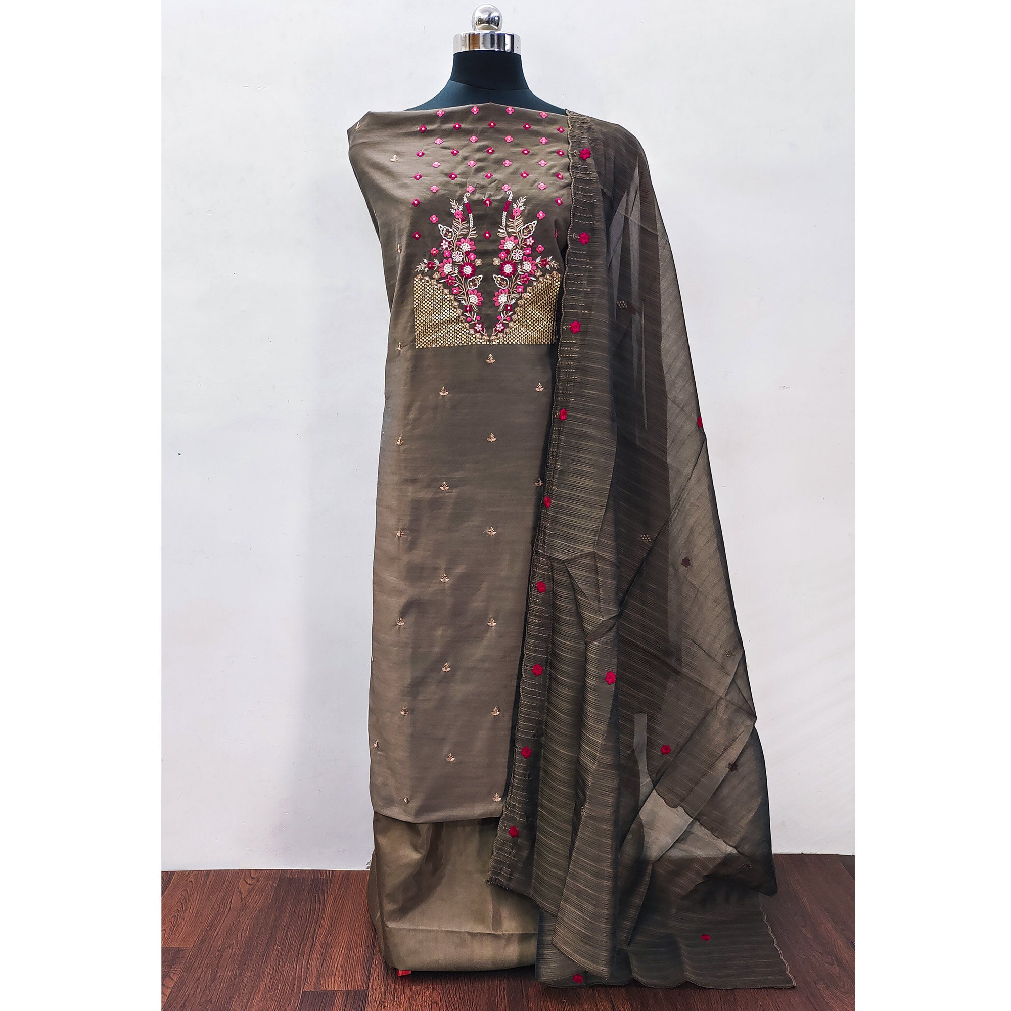Brown Floral Embroidered Cotton Blend Dress Material