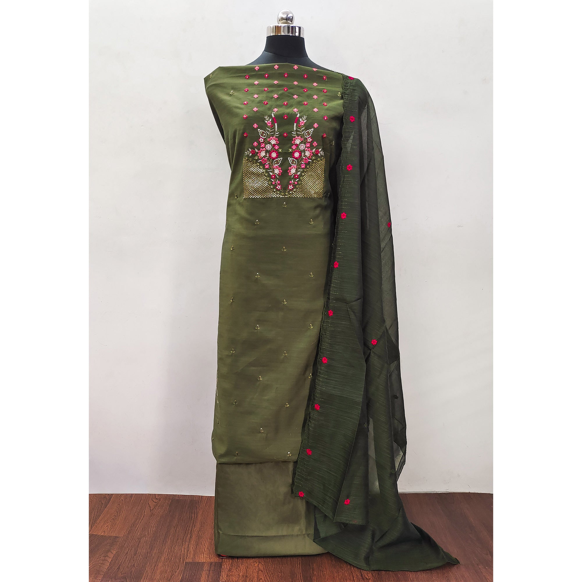 Green Floral Embroidered Cotton Blend Dress Material