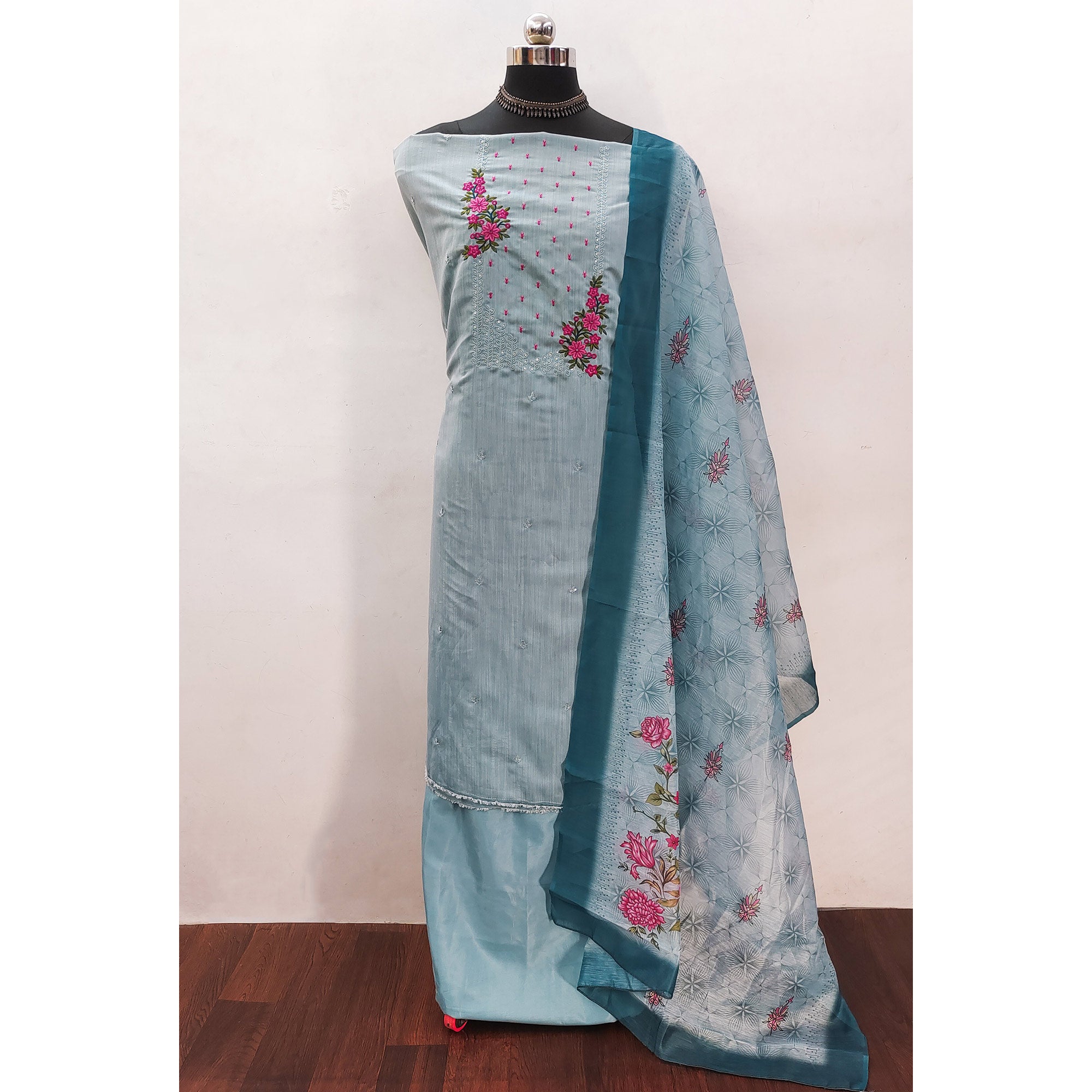 Bluyish Grey Floral Embroidered Cotton Blend Dress Material