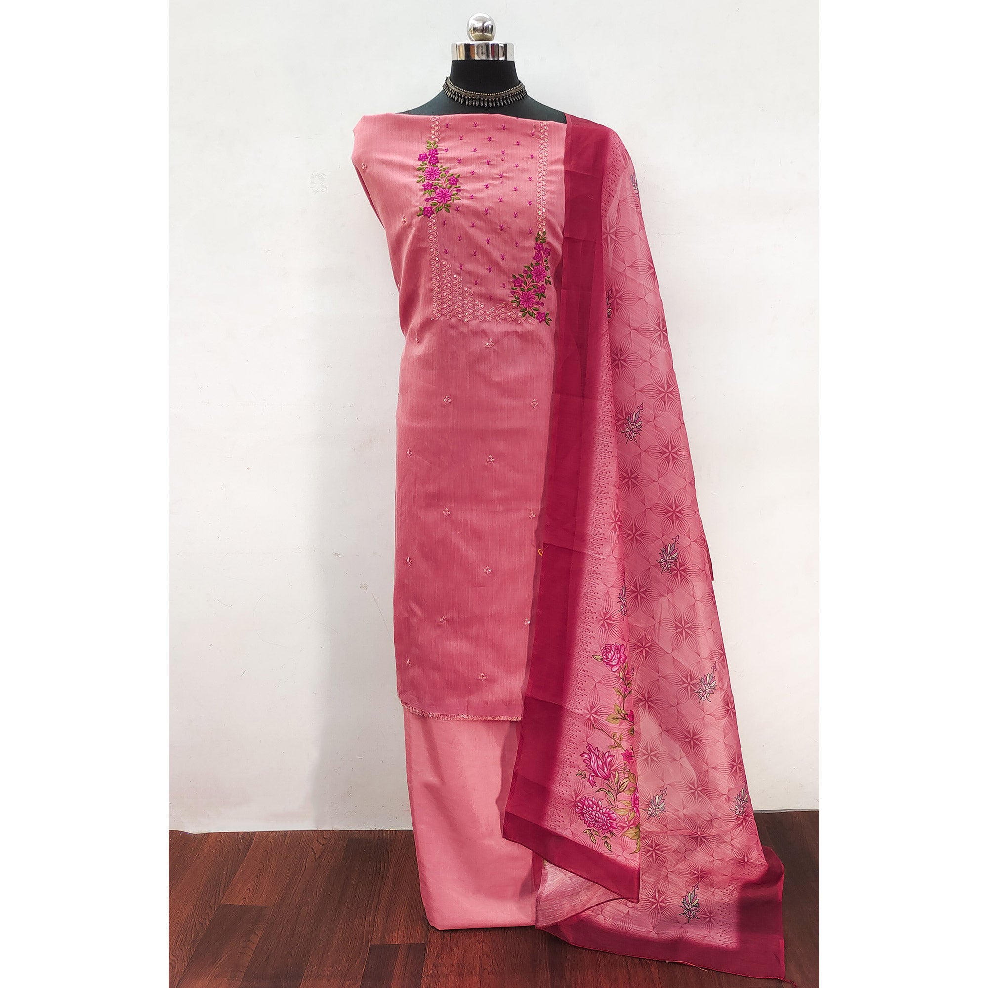 Dark Peach Floral Embroidered Cotton Blend Dress Material