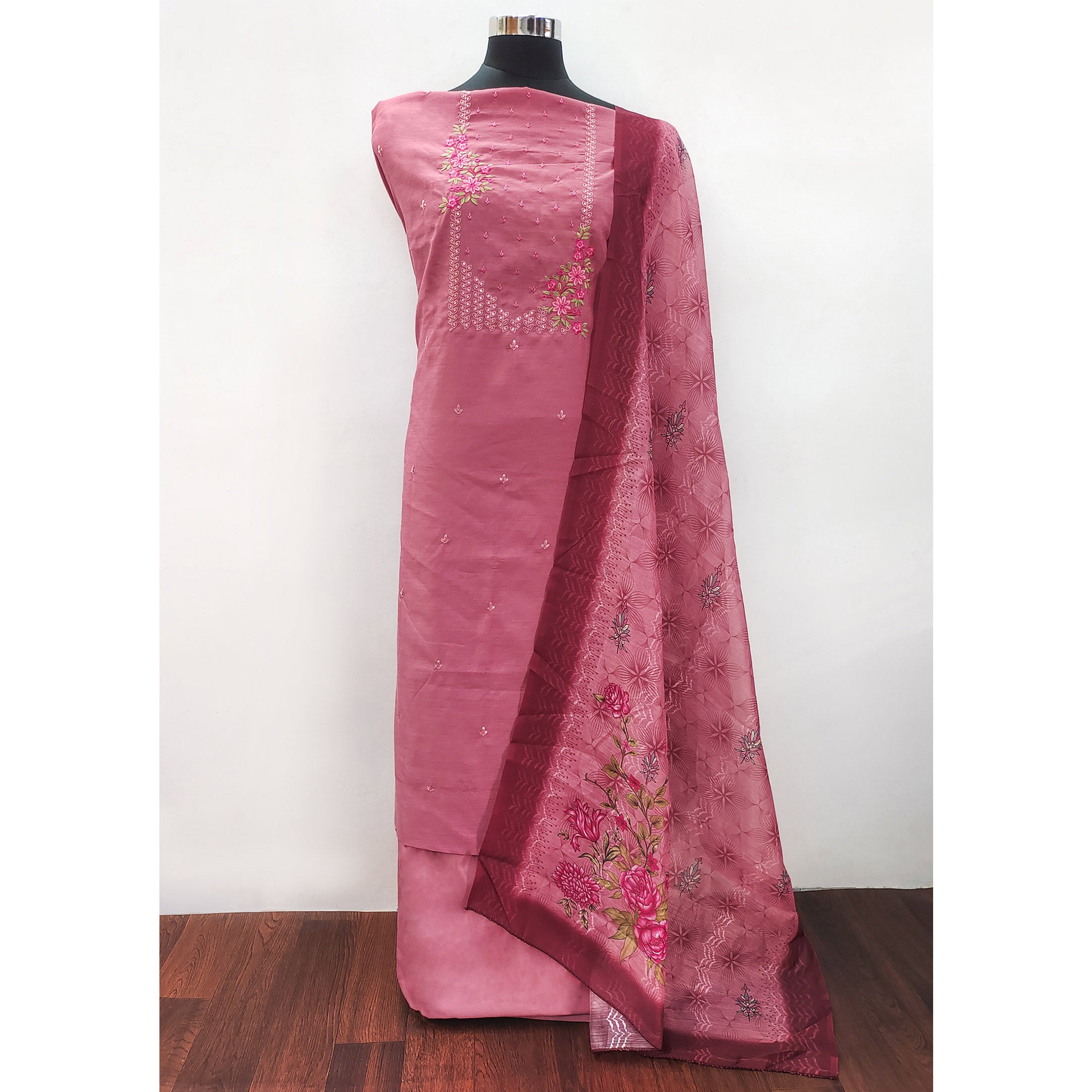 Pink Floral Embroidered Cotton Blend Dress Material