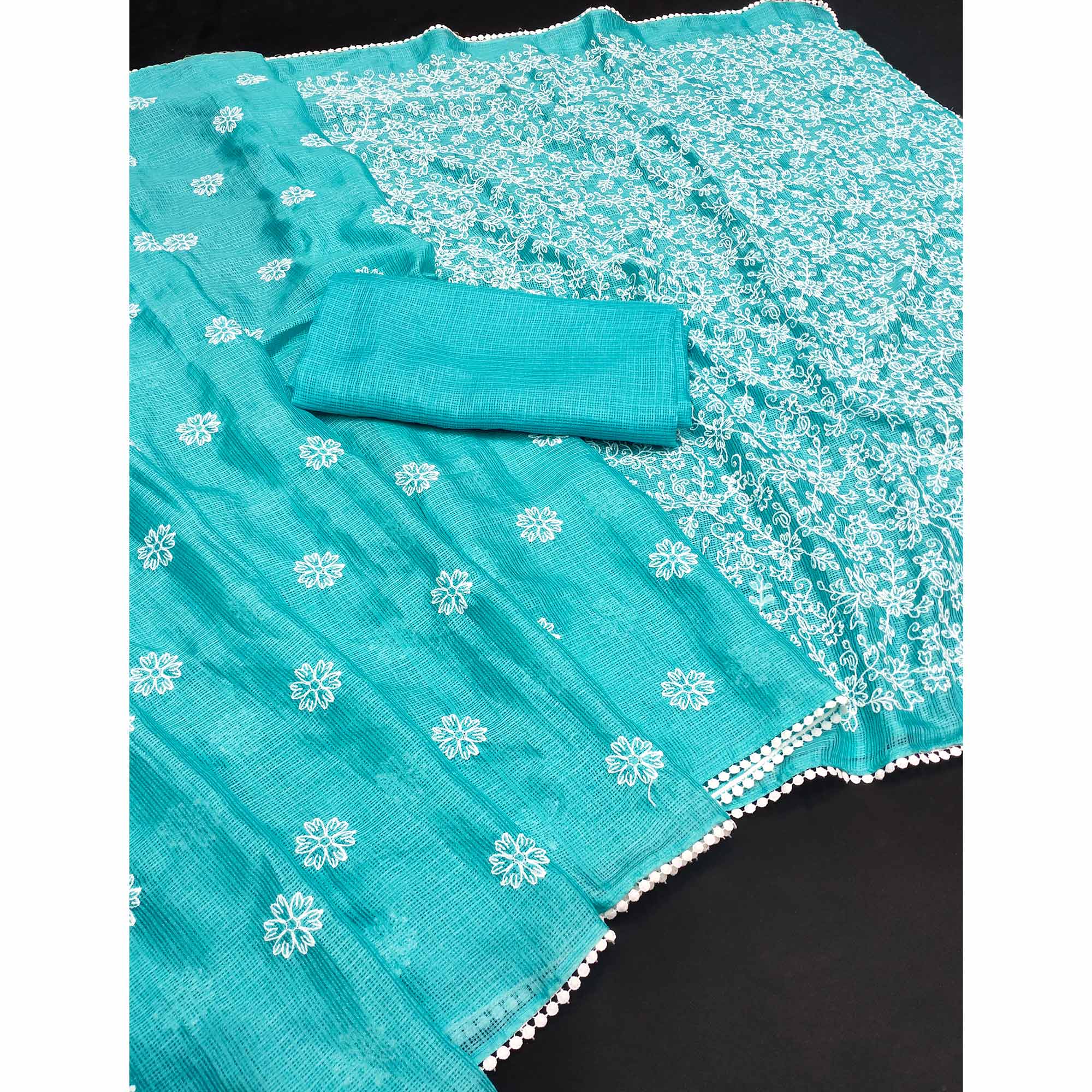 Turquoise Embroidered Net Saree