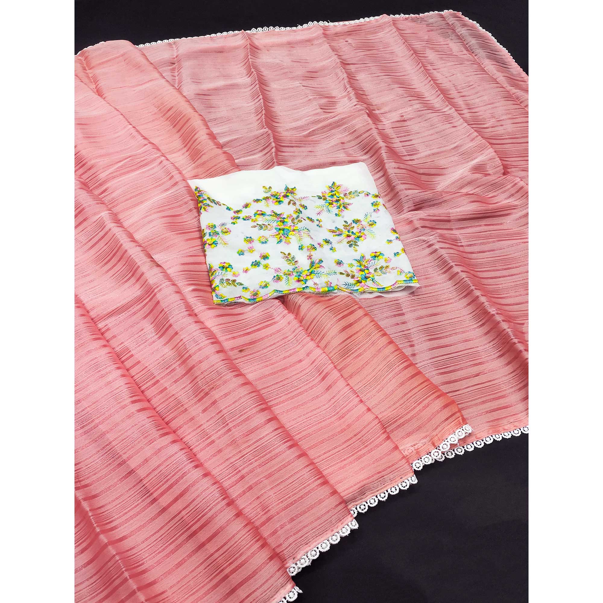 Peach Solid Woven Saree With Lace Border