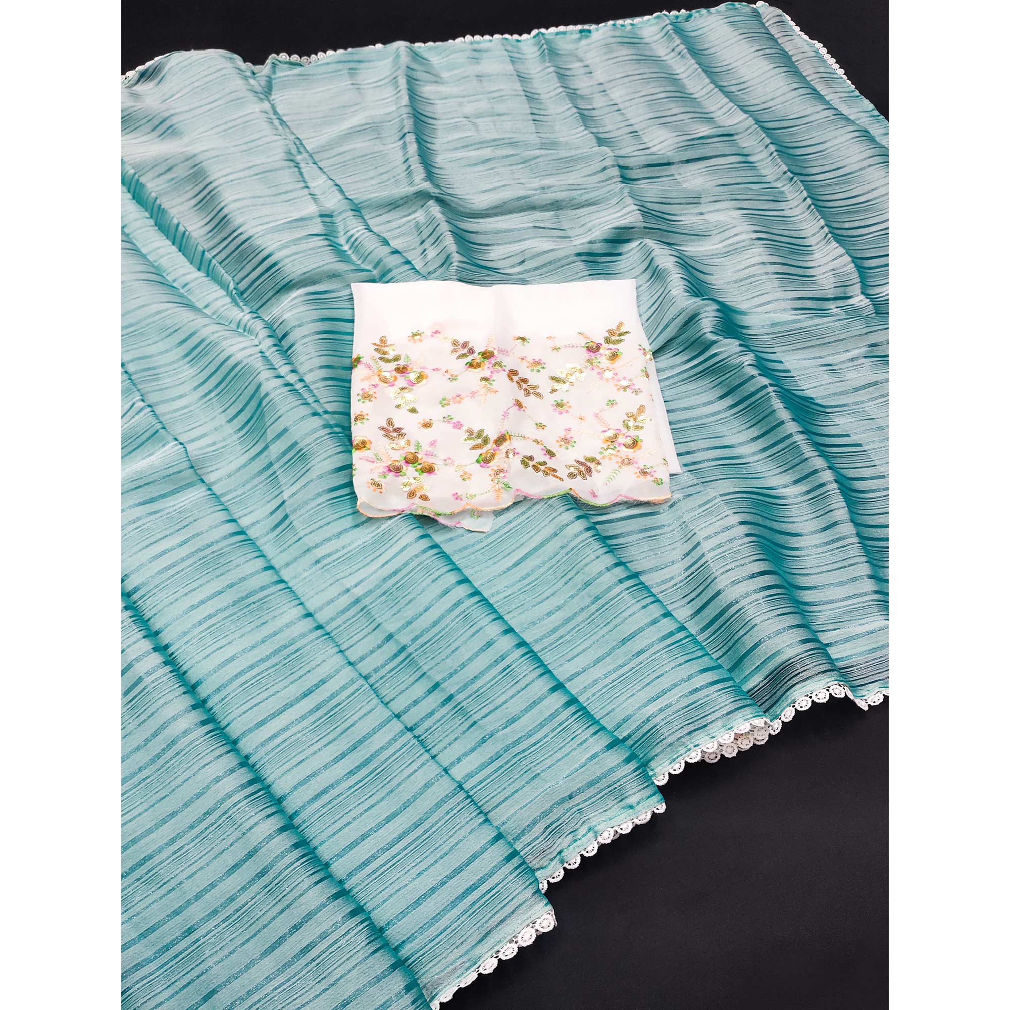 Turquoise Solid Woven Chiffon Saree With Lace Border