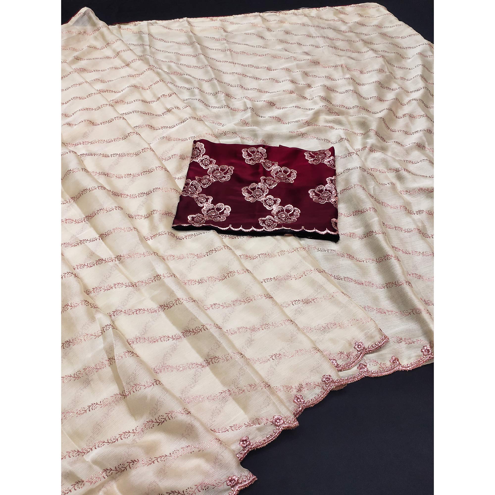 Beige Foil Printed Chiffon Saree With Embroidered Border