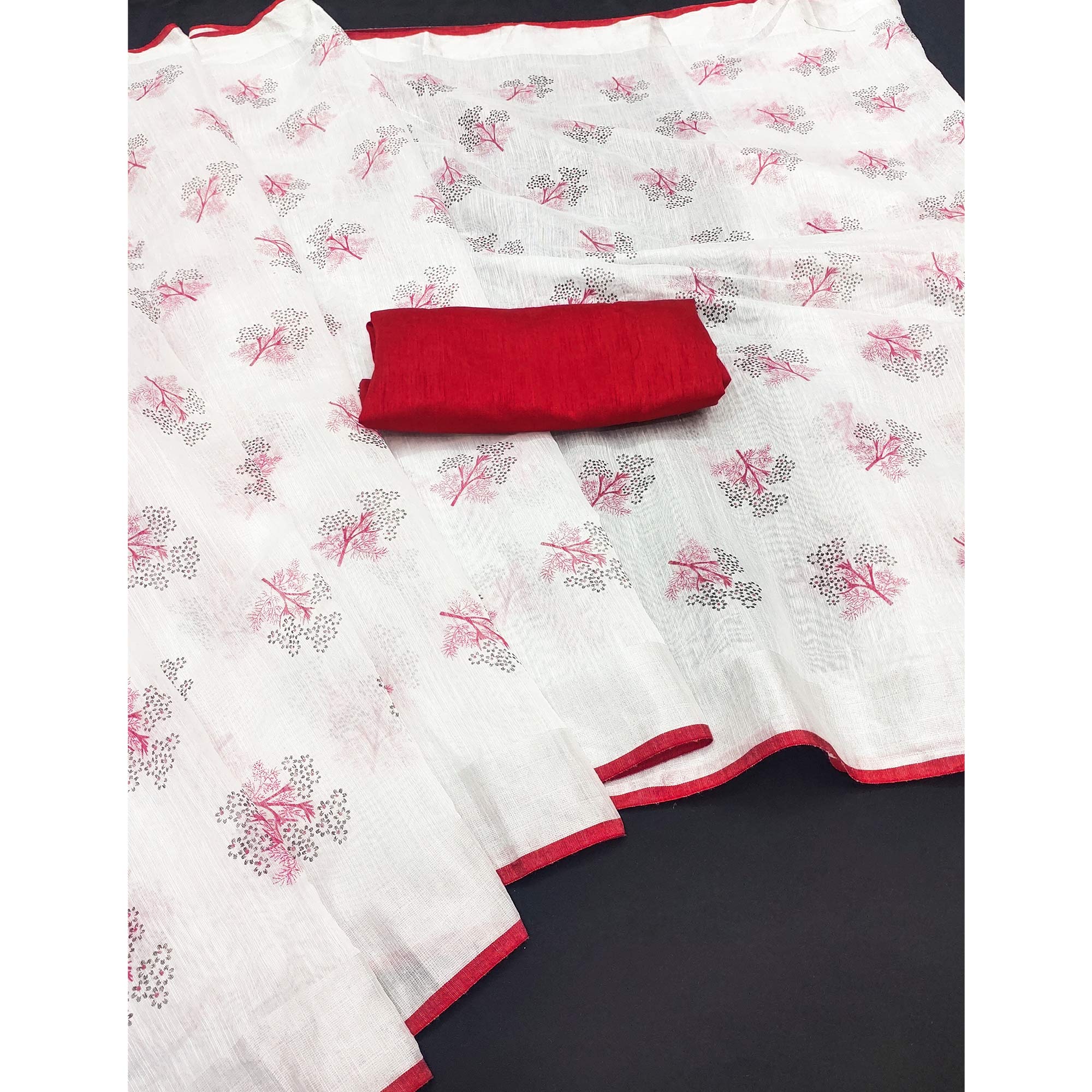 White & Red Floral Printed Linen Saree