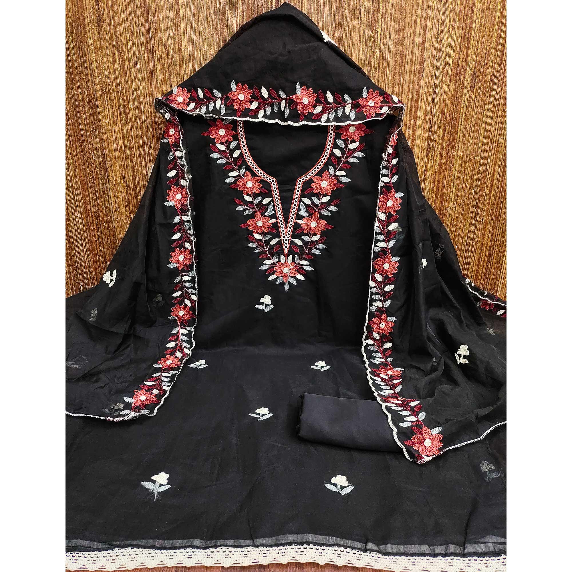 Black Floral Embroidered Chanderi Dress Material